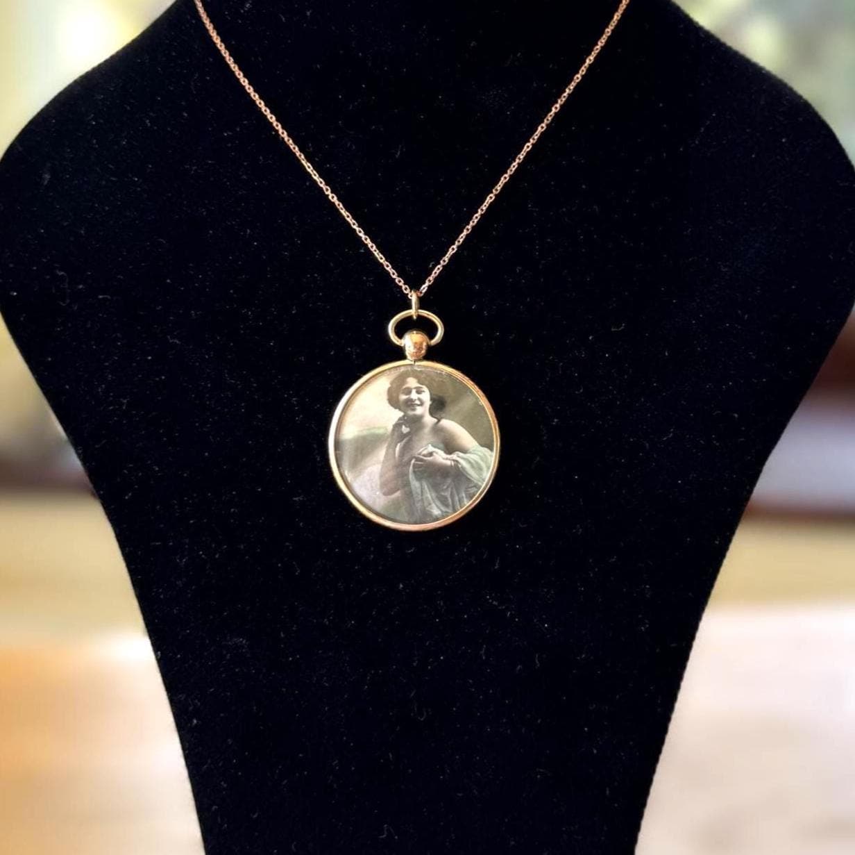 Antique Edwardian Rolled Gold Picture Pendant Necklace: Rare Original Hand Coloured Two Portrait Locket