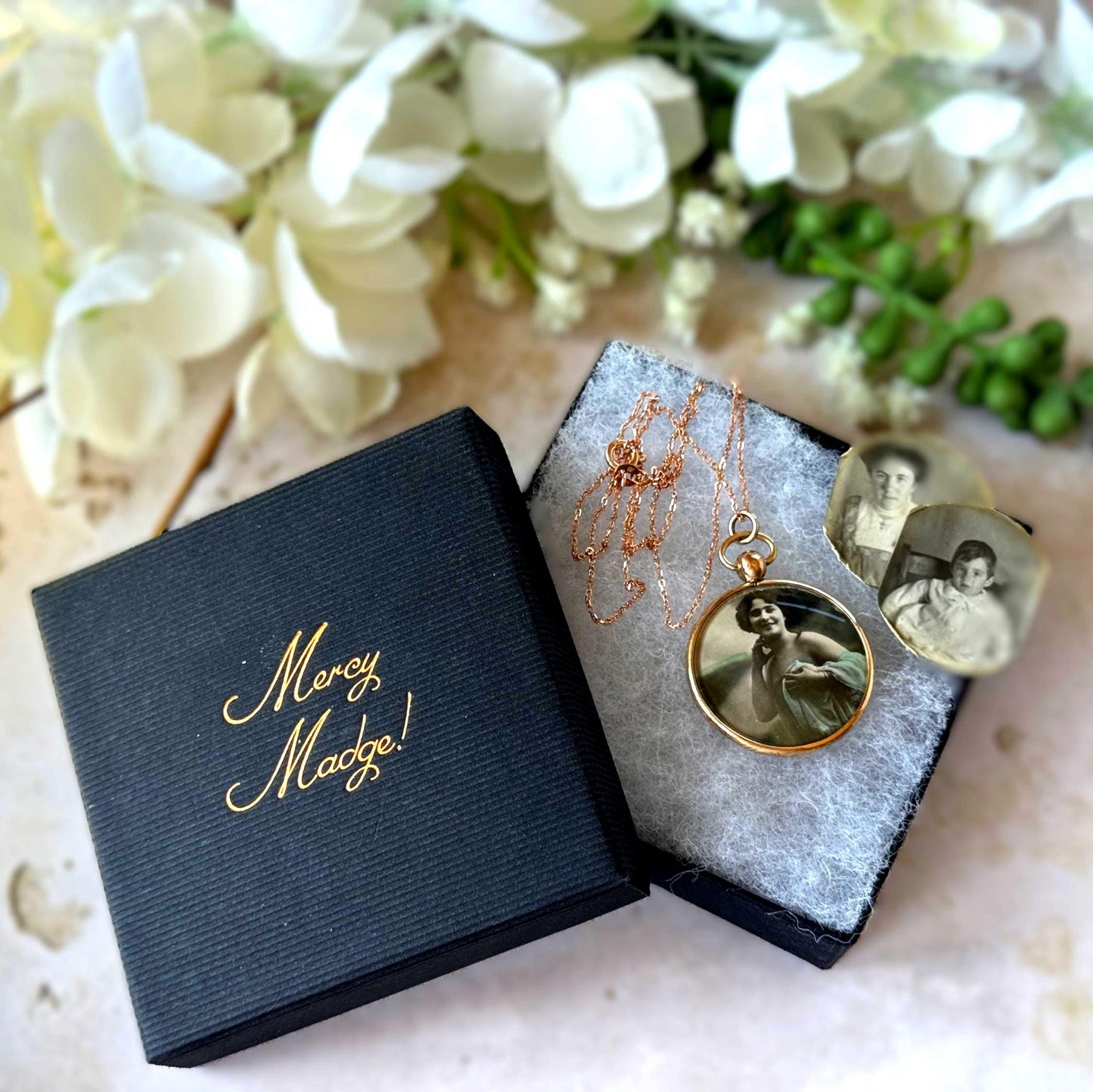 Antique Edwardian Rolled Gold Picture Pendant Necklace: Rare Original Hand Coloured Two Portrait Locket