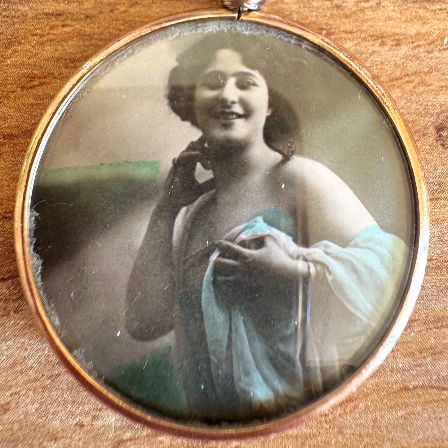 Antique Edwardian Rolled Gold Picture Pendant Necklace: Rare Original Hand Coloured Two Portrait Locket