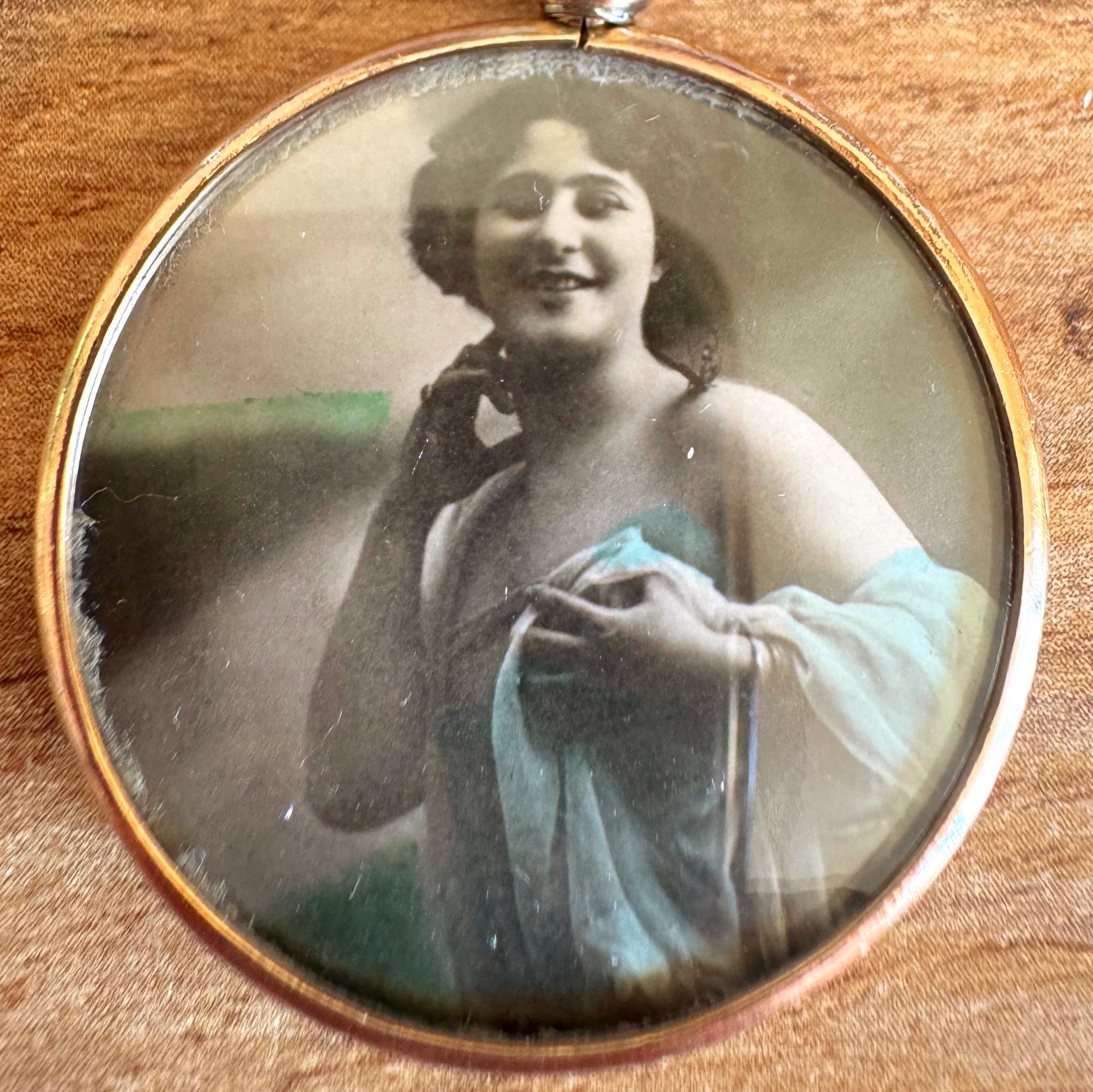 Antique Edwardian Rolled Gold Picture Pendant Necklace: Rare Original Hand Coloured Two Portrait Locket