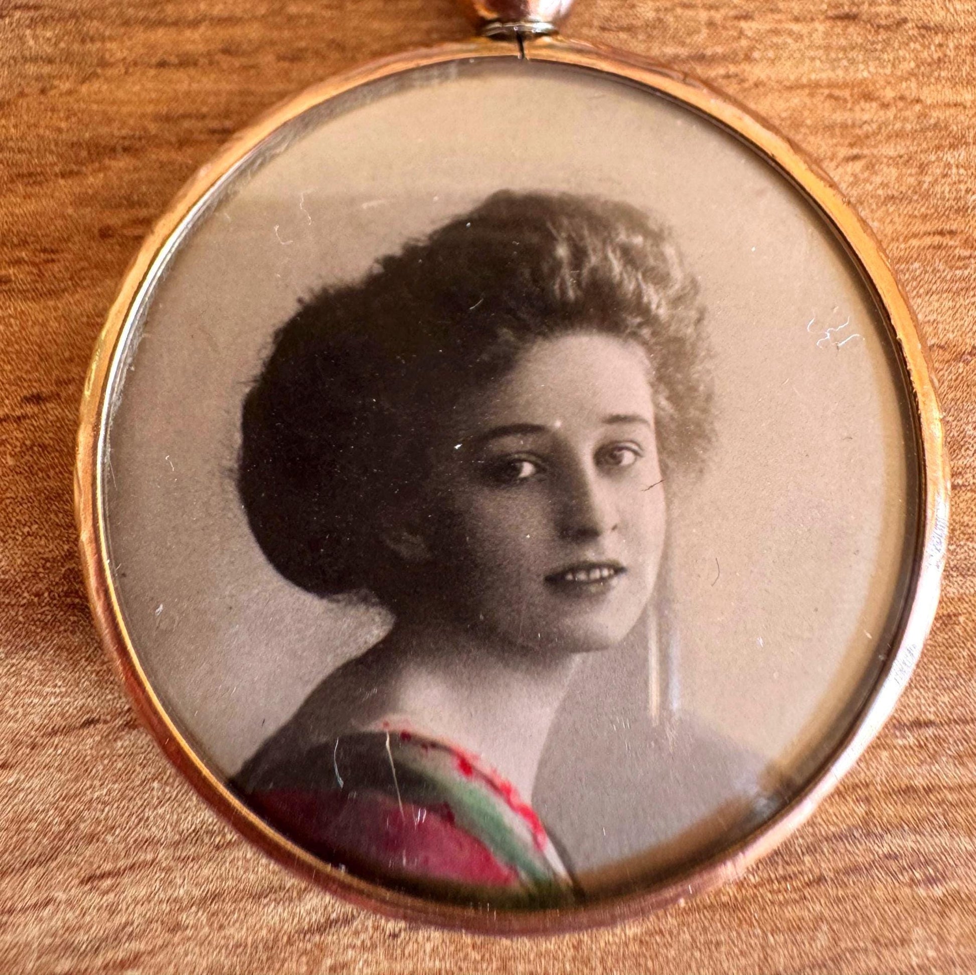Antique Edwardian Rolled Gold Picture Pendant Necklace: Rare Original Hand Coloured Two Portrait Locket