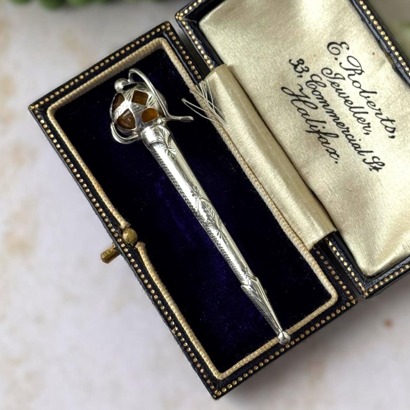 Antique Sterling Silver Scottish Cairngorm Claymore Sword Brooch, Circa 1920