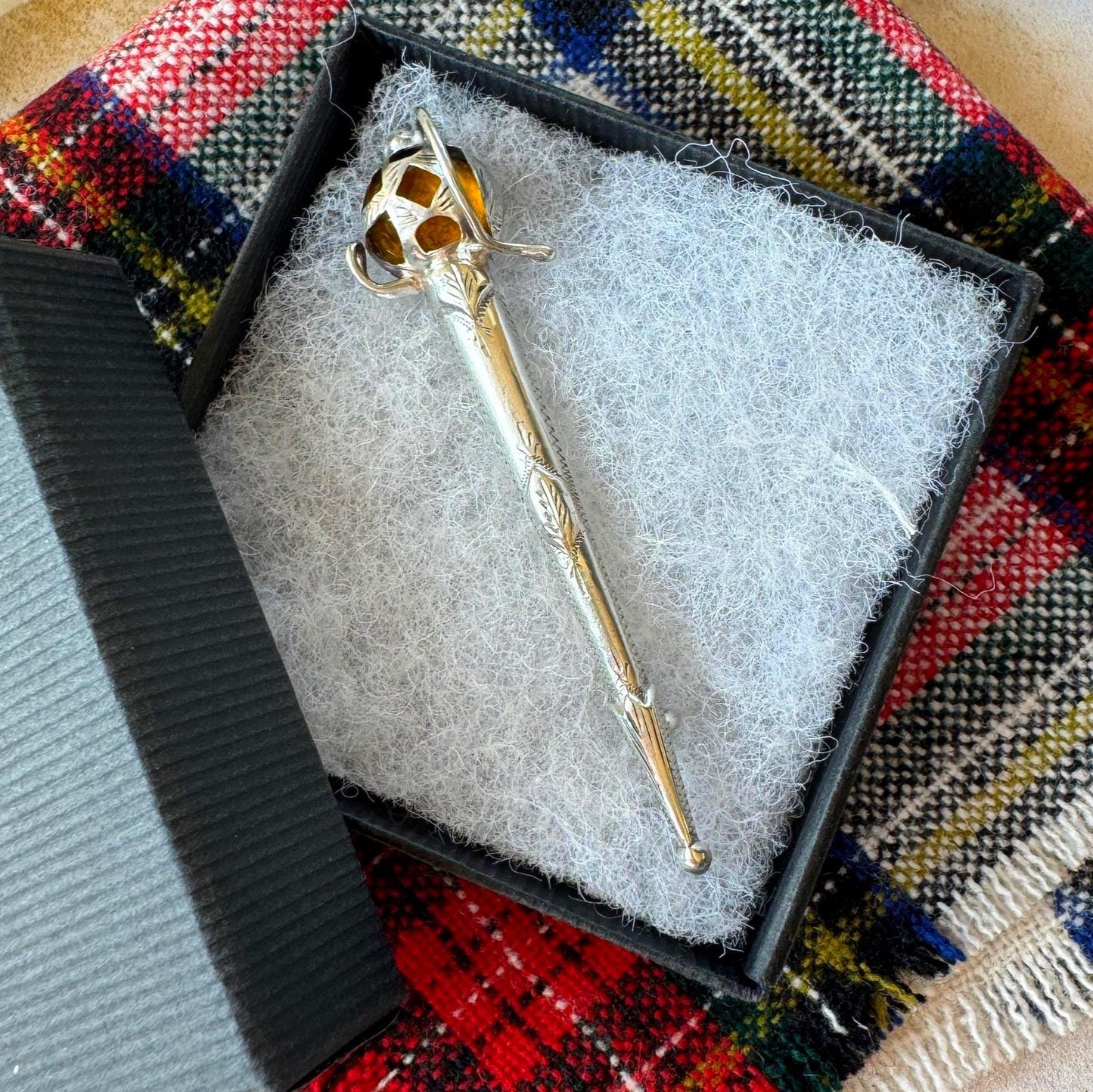 Antique Sterling Silver Scottish Cairngorm Claymore Sword Brooch, Circa 1920