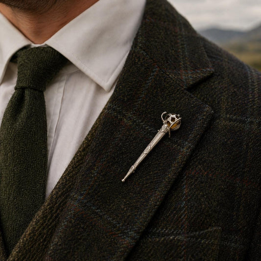 Antique Sterling Silver Scottish Cairngorm Claymore Sword Brooch, Circa 1920