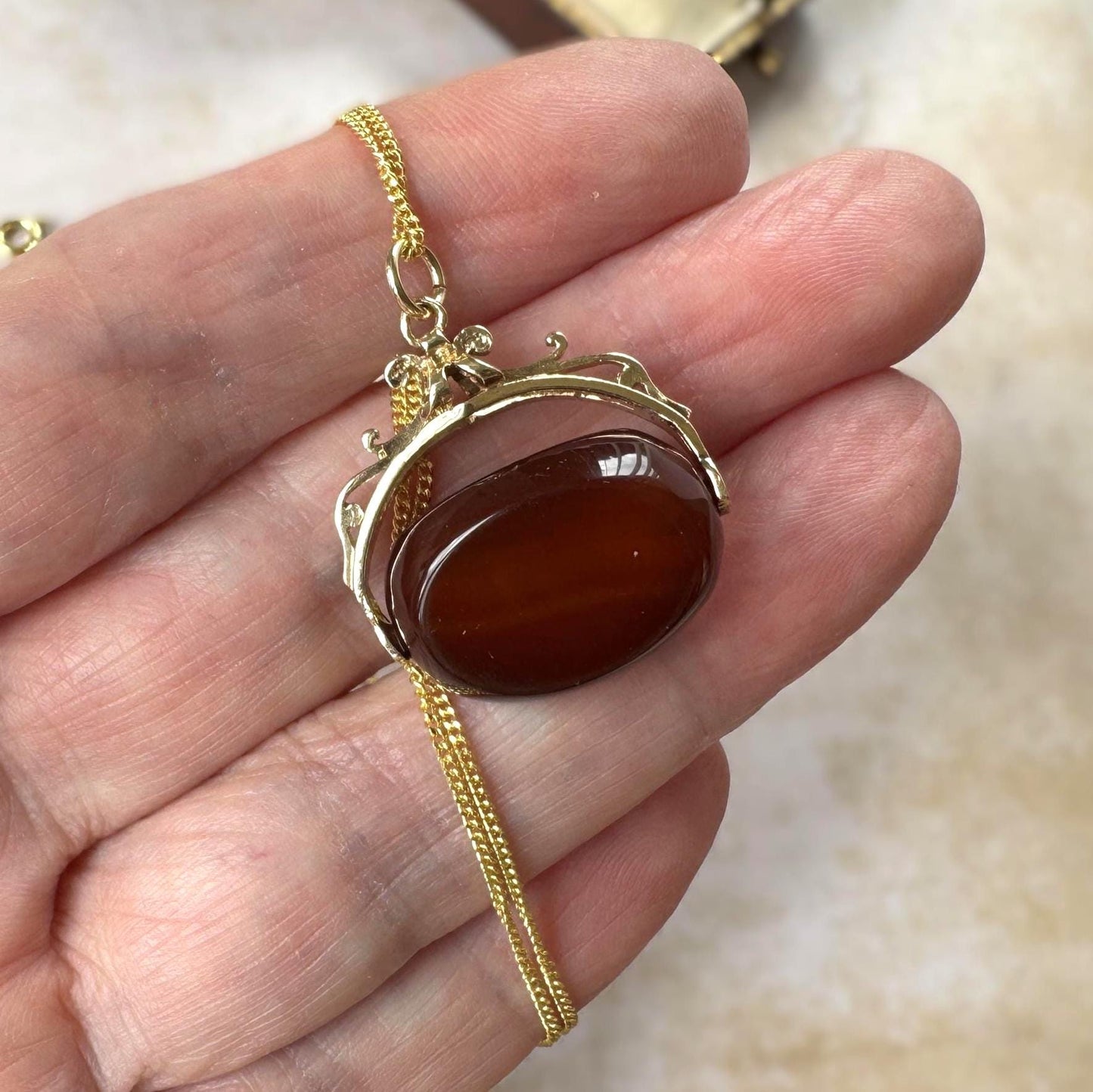 Vintage 9ct Gold Carnelian Spinner Fob Pendant, Hallmarked London 1965