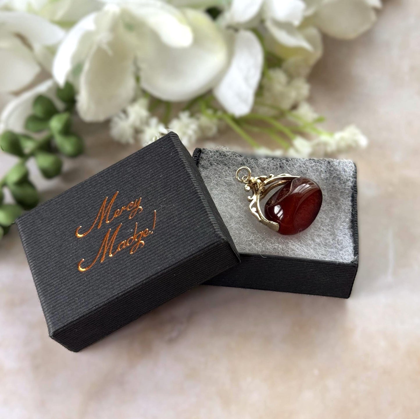 Vintage 9ct Gold Carnelian Spinner Fob Pendant, Hallmarked London 1965