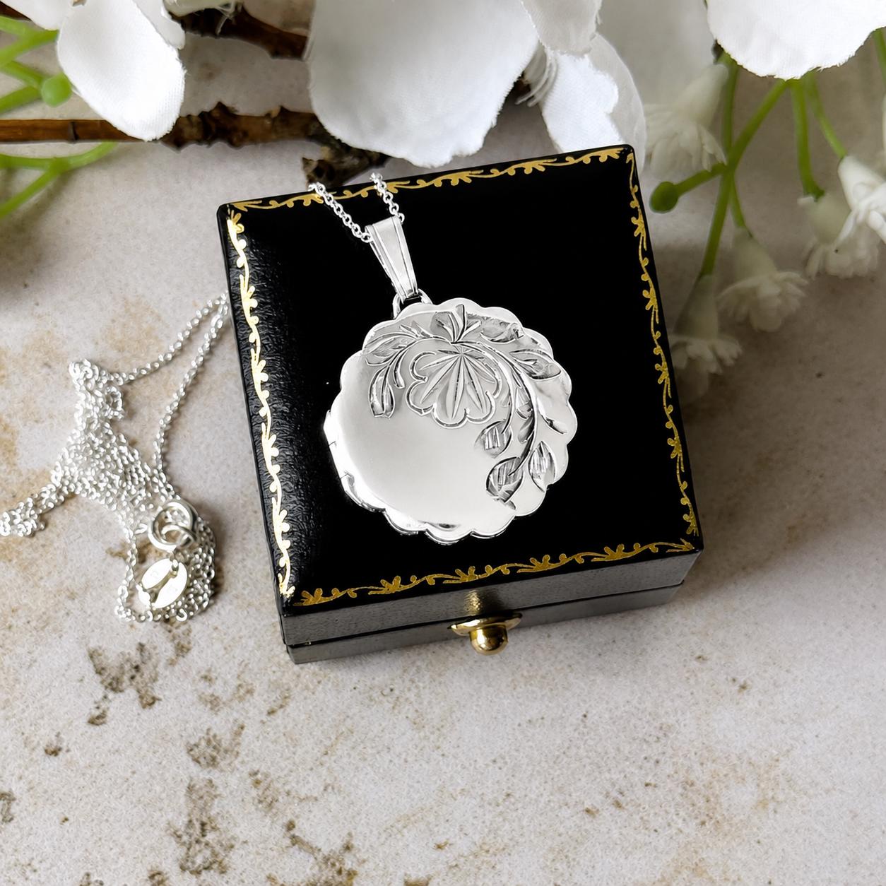 Vintage Sterling Silver Floral Engraved Pie Crust Locket Necklace, Birmingham 1978