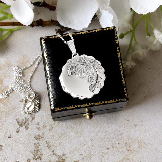 Vintage Sterling Silver Floral Engraved Pie Crust Locket Necklace, Birmingham 1978