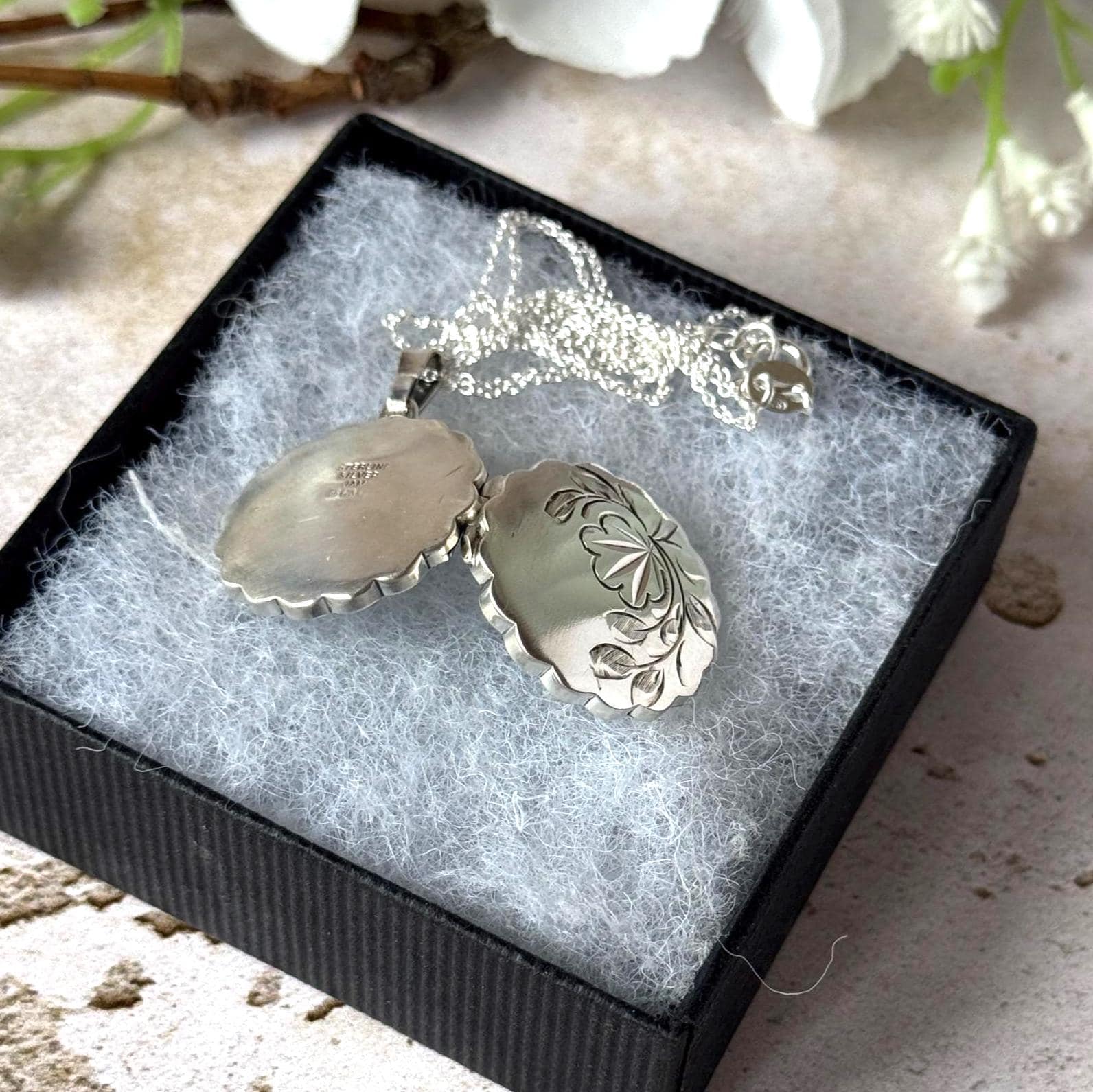 Vintage Sterling Silver Floral Engraved Pie Crust Locket Necklace, Birmingham 1978