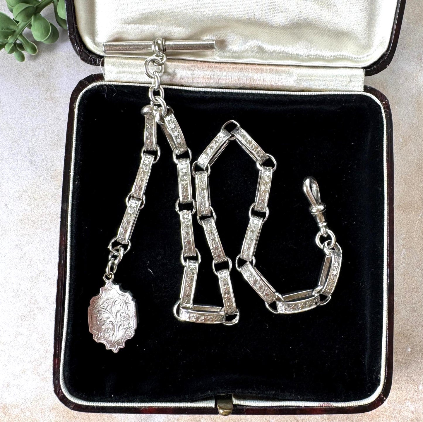 Antique Continental Silver Watch Chain Bracelet, Victorian Breloque Locket