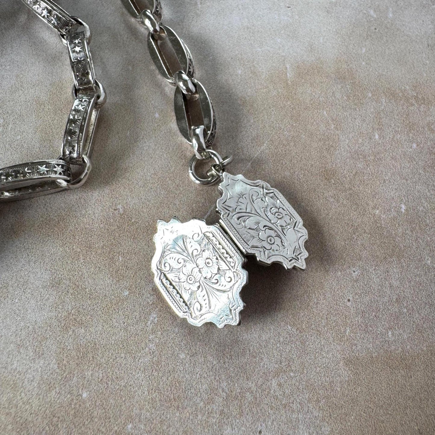 Antique Continental Silver Watch Chain Bracelet, Victorian Breloque Locket