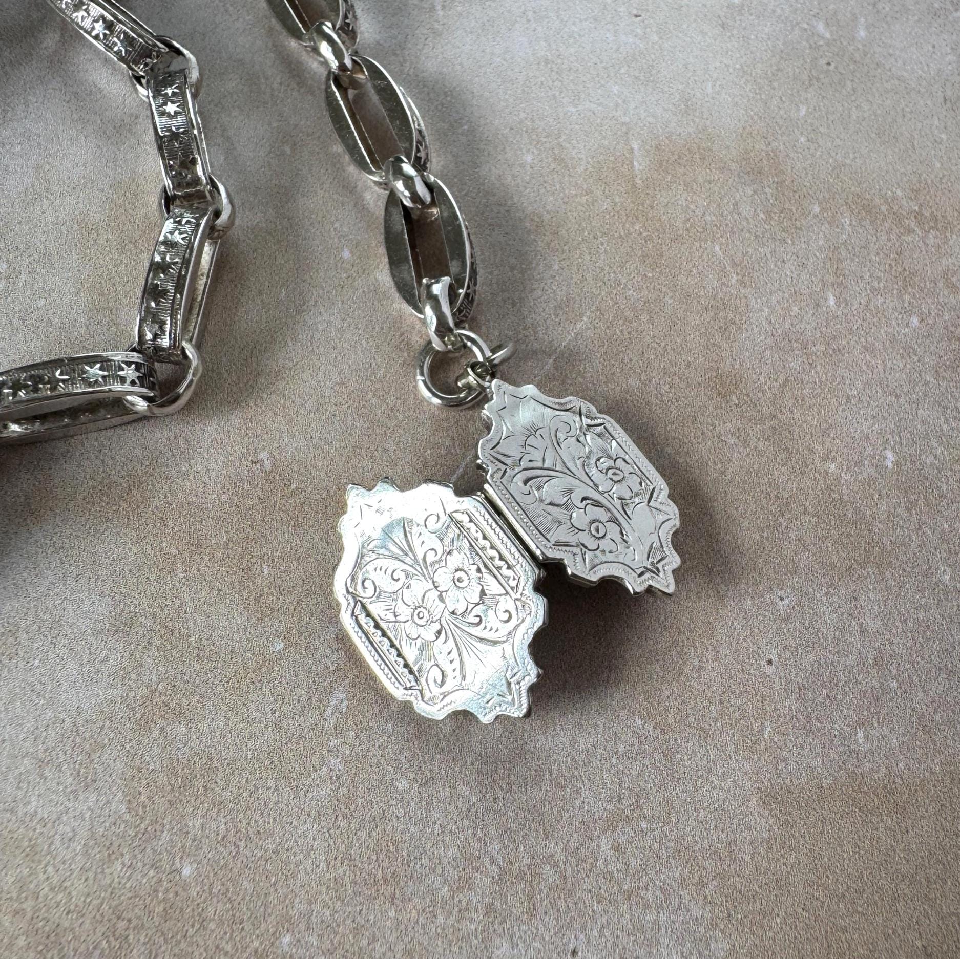 Antique Continental Silver Watch Chain Bracelet, Victorian Breloque Locket