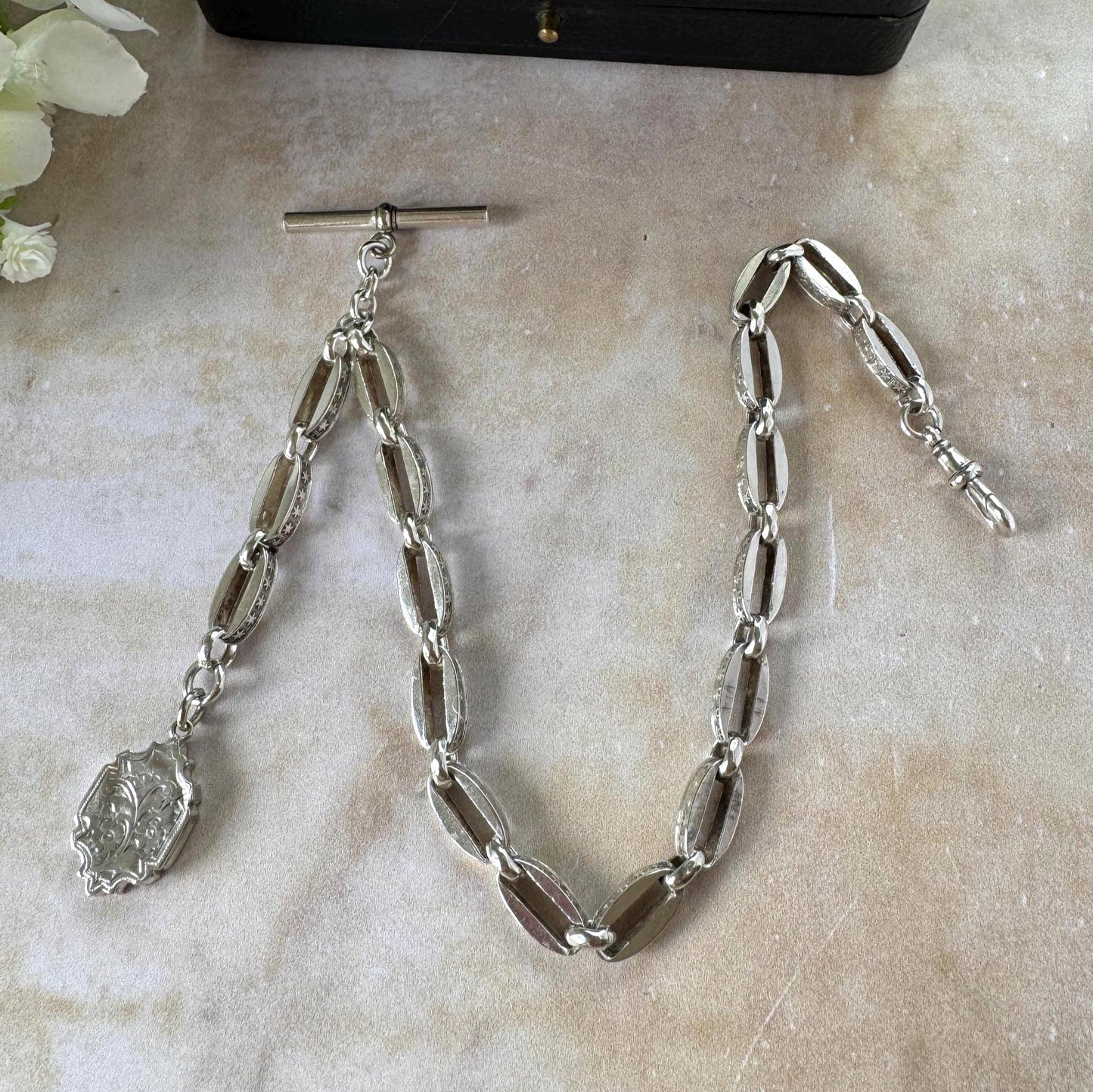 Antique Continental Silver Watch Chain Bracelet, Victorian Breloque Locket
