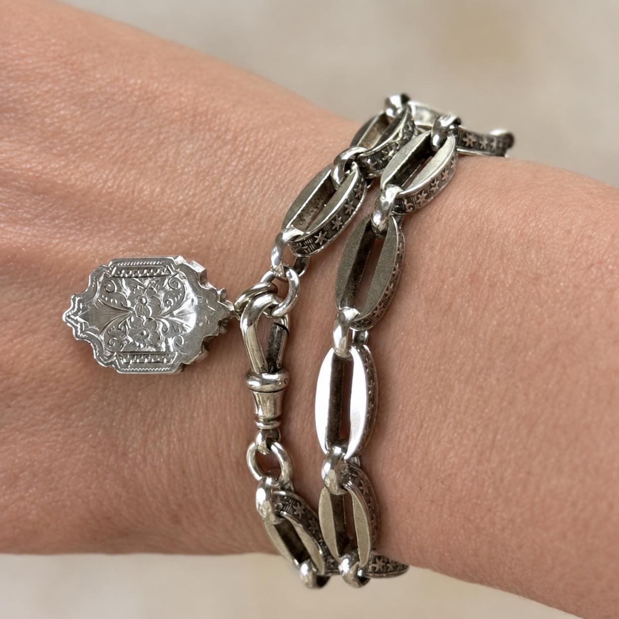 Antique Victorian Silver Watch Chain Bracelet & Breloque Locket