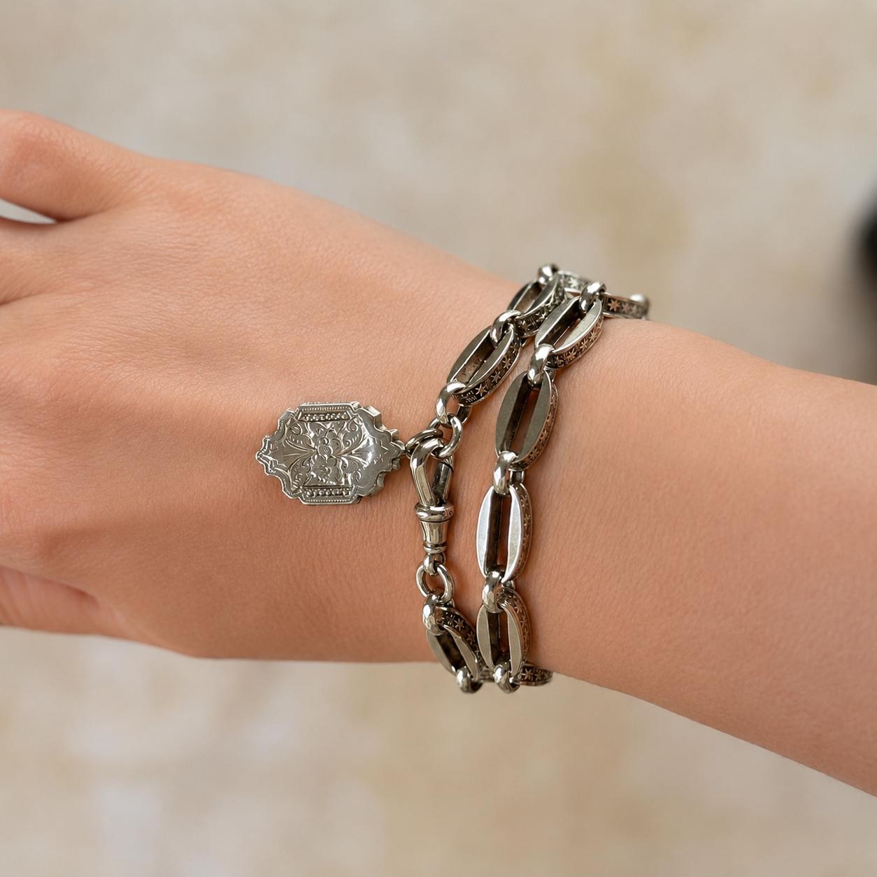 Antique Continental Silver Watch Chain Bracelet, Victorian Breloque Locket