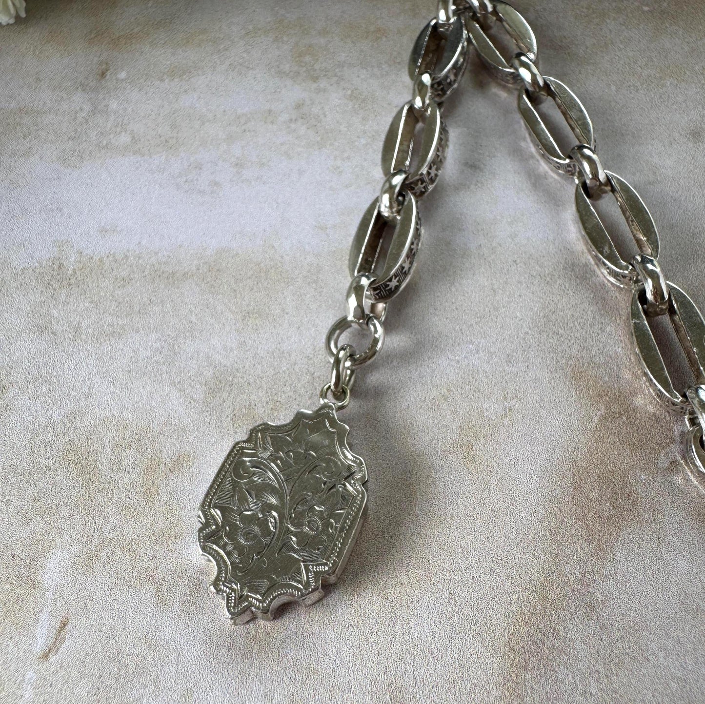 Antique Continental Silver Watch Chain Bracelet, Victorian Breloque Locket