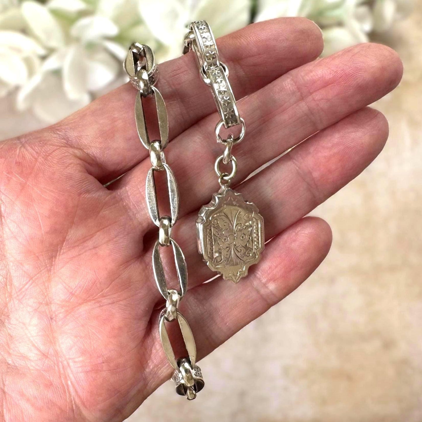 Antique Continental Silver Watch Chain Bracelet, Victorian Breloque Locket