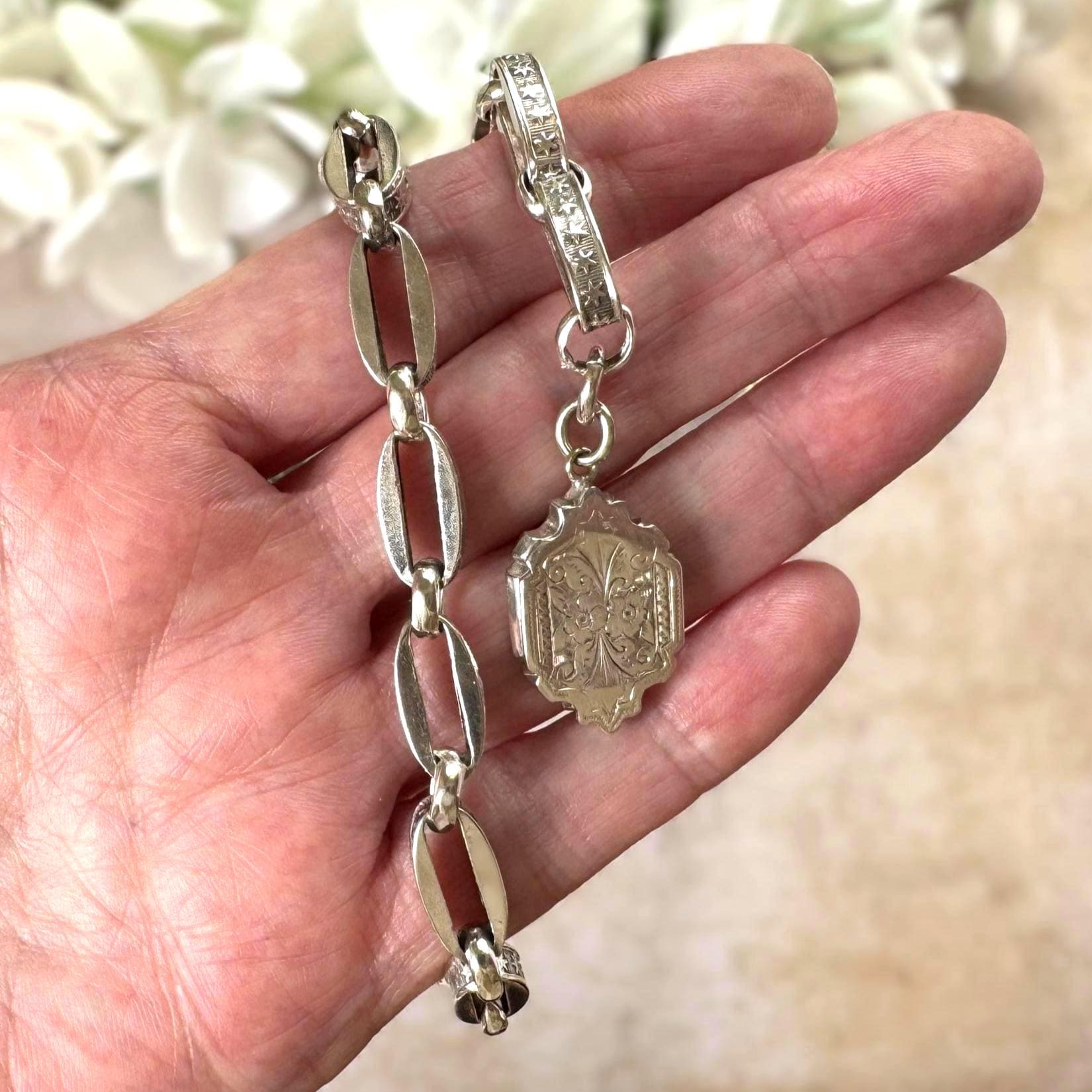 Antique Continental Silver Watch Chain Bracelet, Victorian Breloque Locket