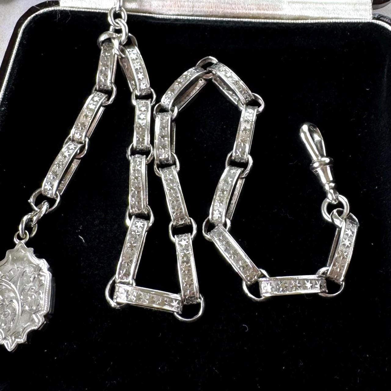 Antique Continental Silver Watch Chain Bracelet, Victorian Breloque Locket