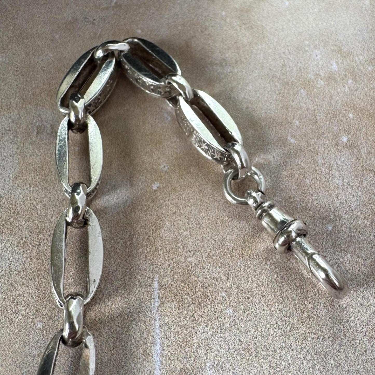 Antique Continental Silver Watch Chain Bracelet, Victorian Breloque Locket