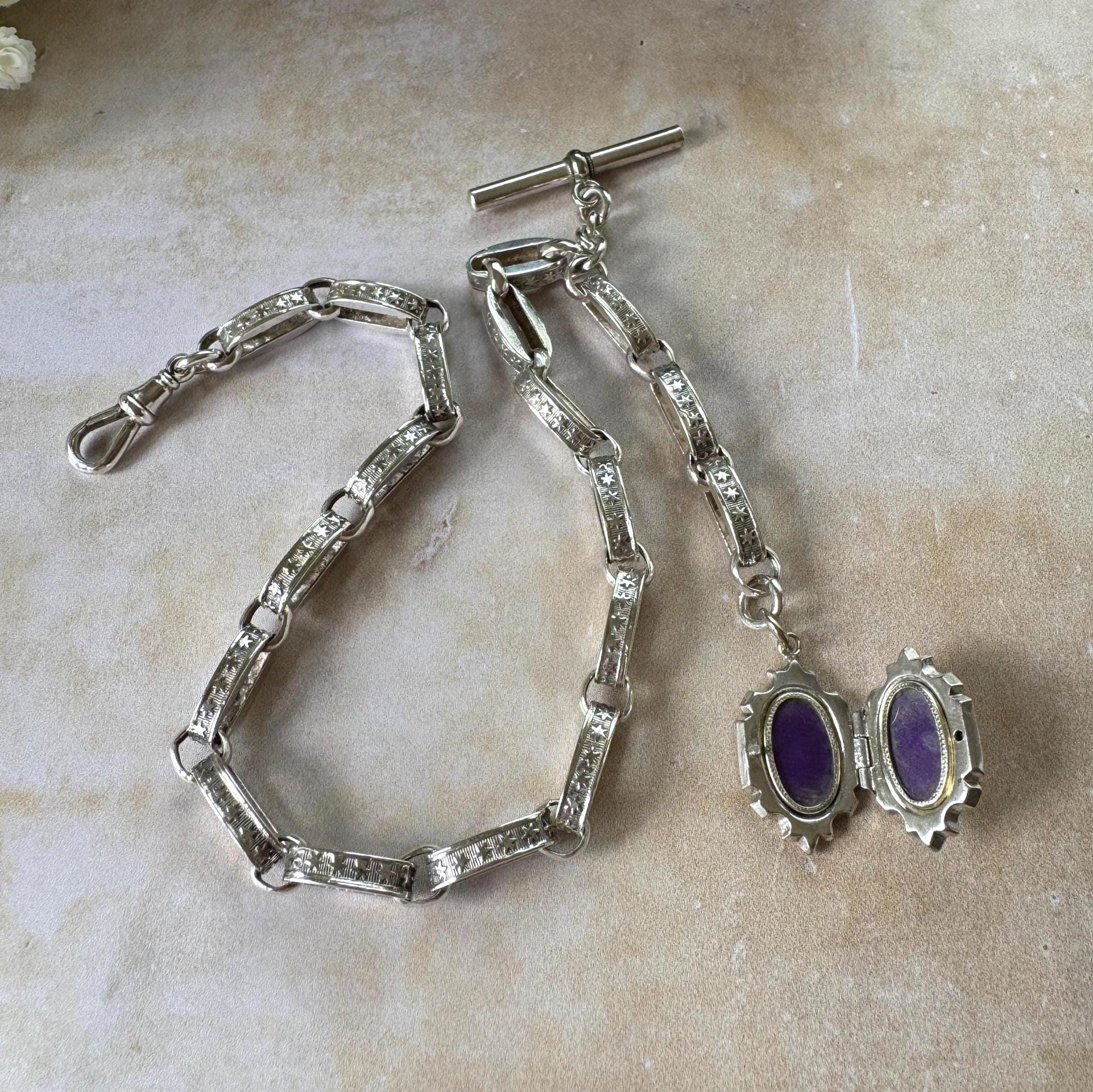 Antique Continental Silver Watch Chain Bracelet, Victorian Breloque Locket