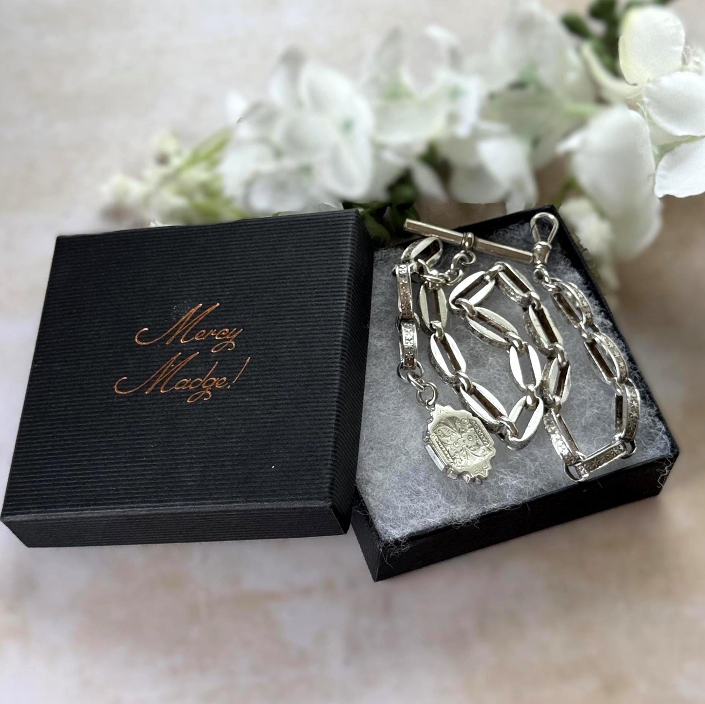 Antique Continental Silver Watch Chain Bracelet, Victorian Breloque Locket