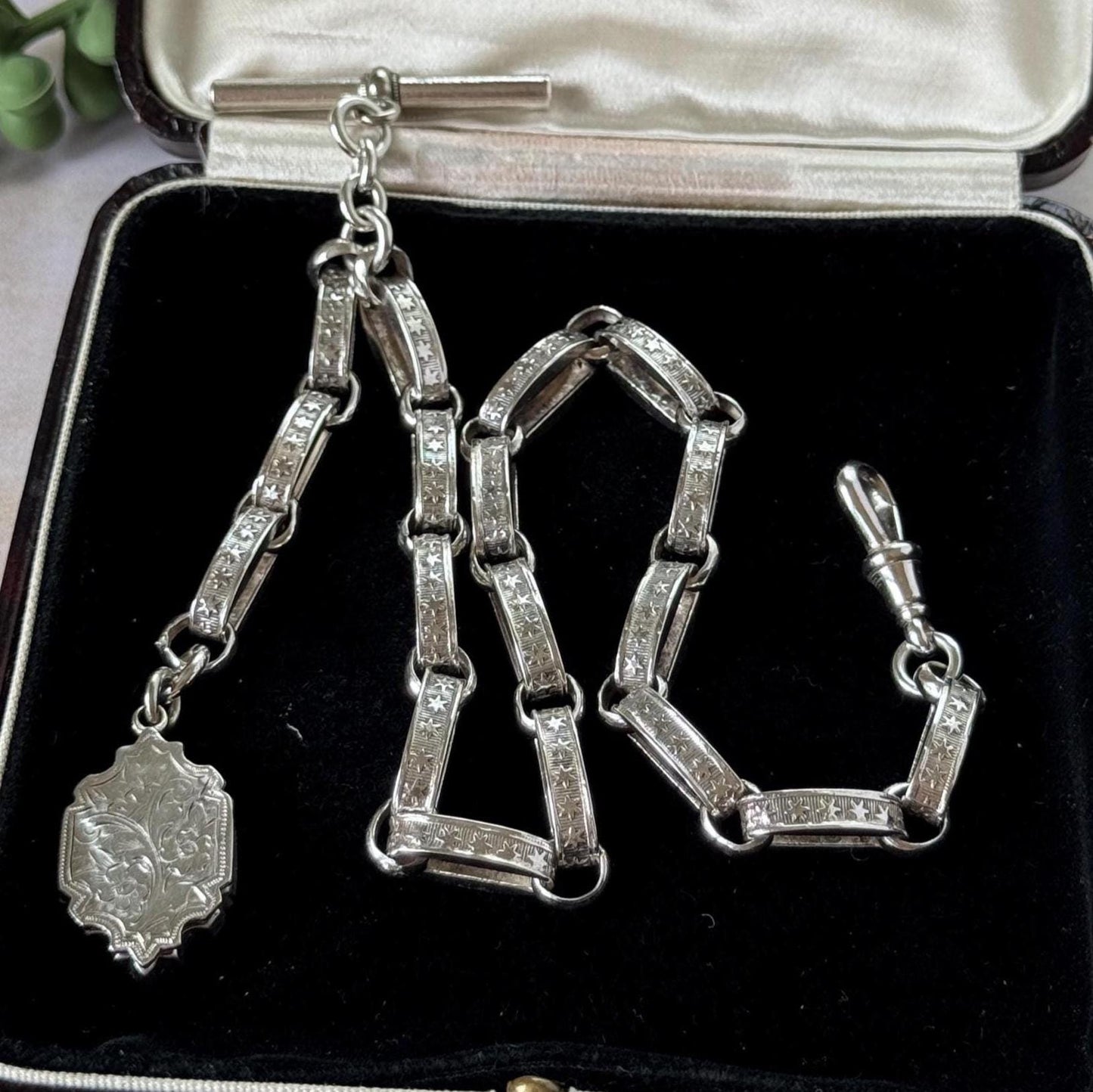 Antique Continental Silver Watch Chain Bracelet, Victorian Breloque Locket