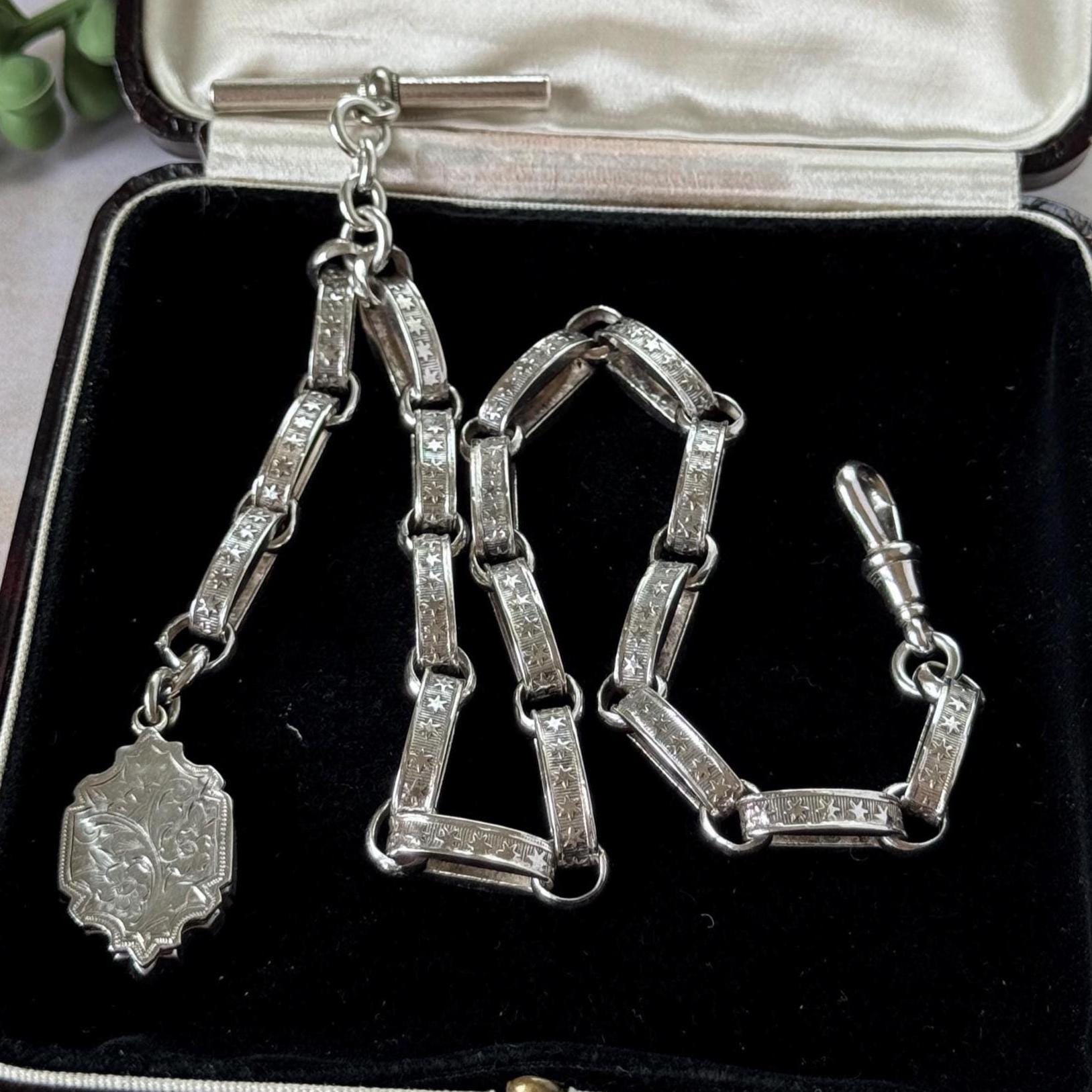 Antique Continental Silver Watch Chain Bracelet, Victorian Breloque Locket