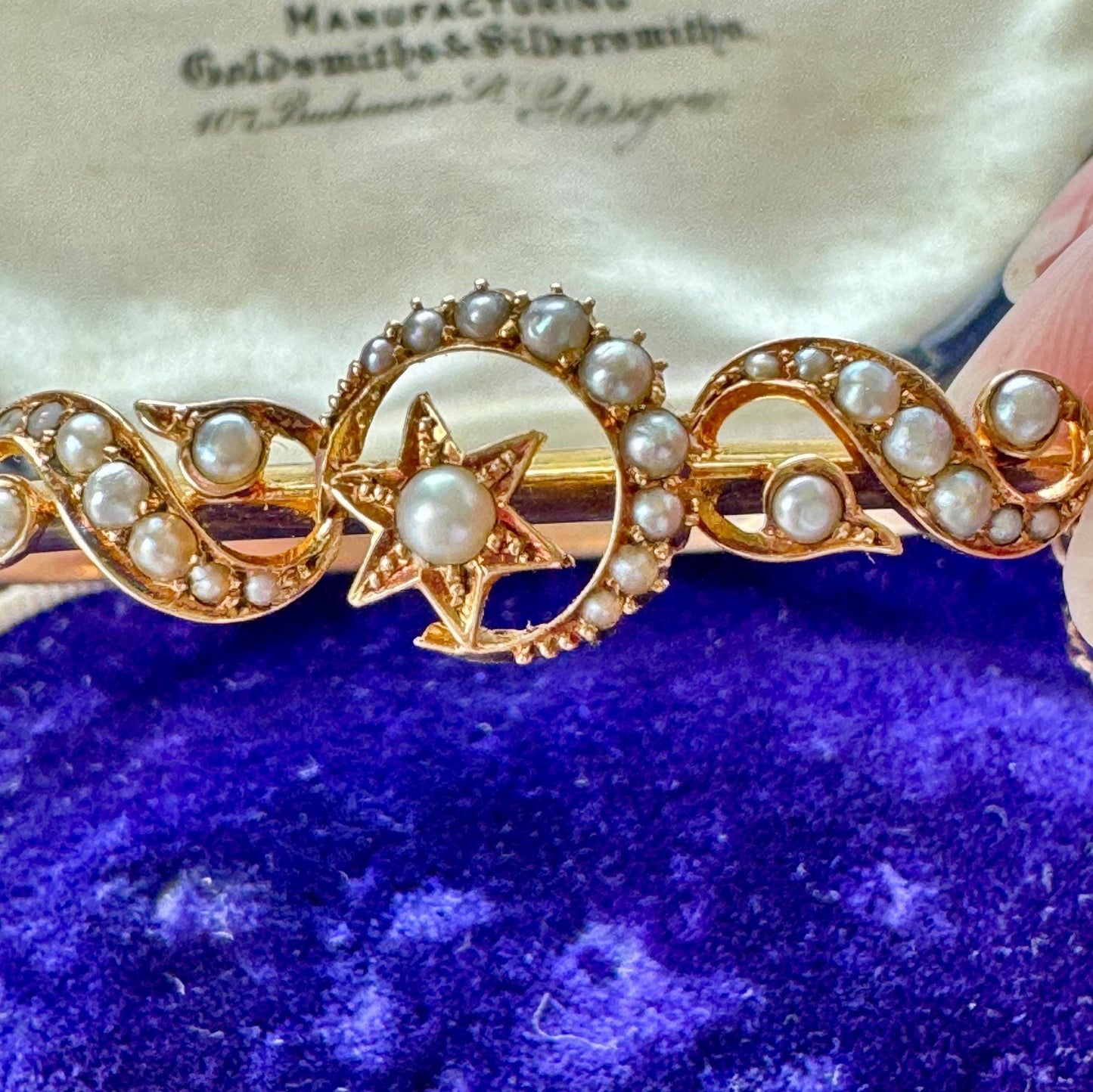 Antique Edwardian 15ct Rose Gold Pearl Celestial Bangle | Crescent Moon & Star Love Token