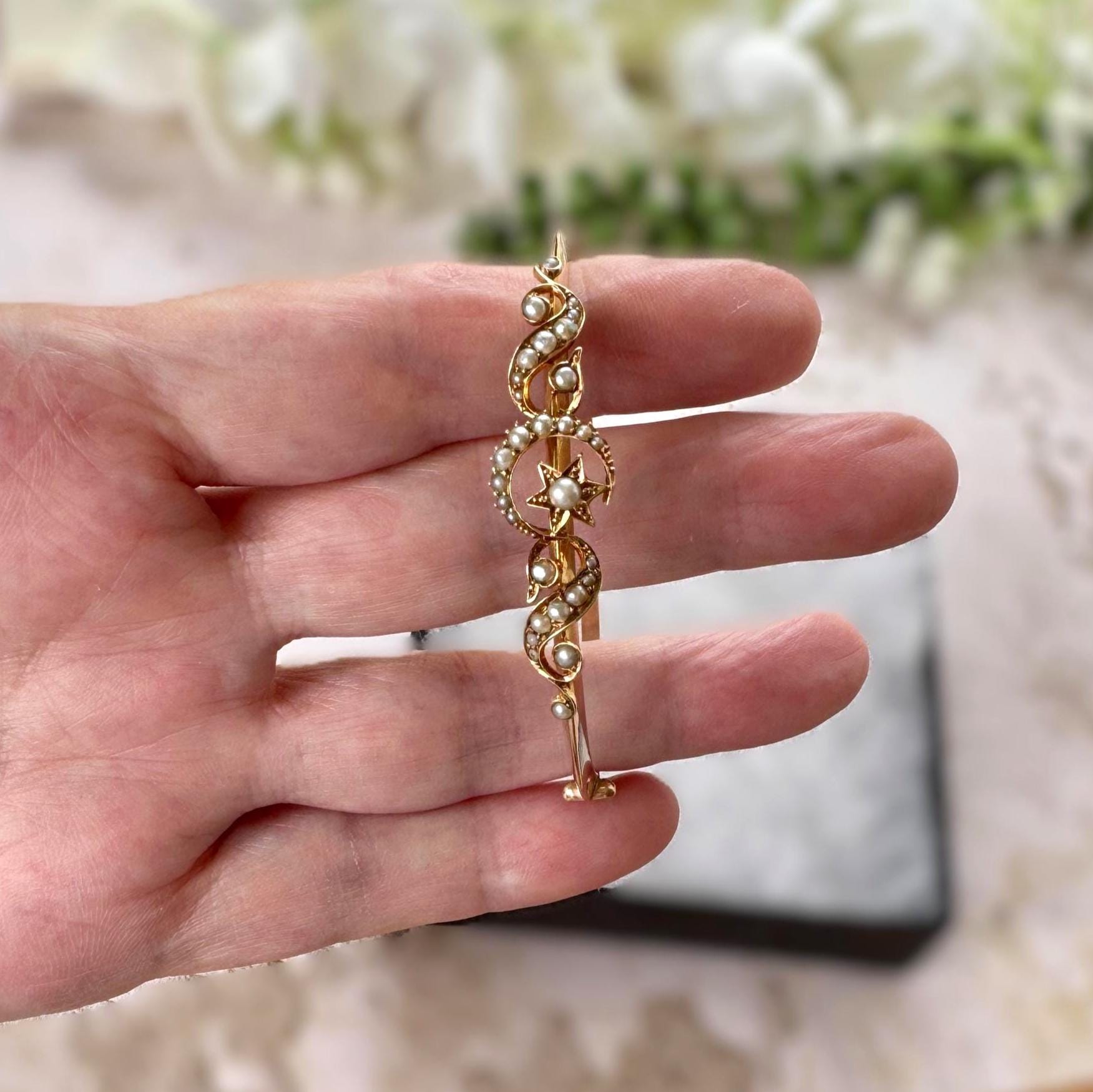 Antique Edwardian 15ct Rose Gold Pearl Celestial Bangle | Crescent Moon & Star Love Token
