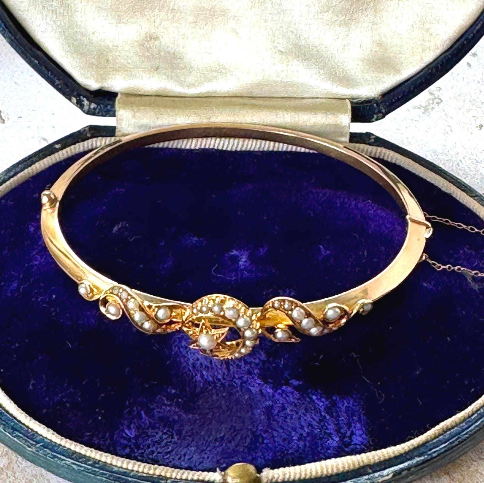 Antique Edwardian 15ct Rose Gold Pearl Celestial Bangle | Crescent Moon & Star Love Token