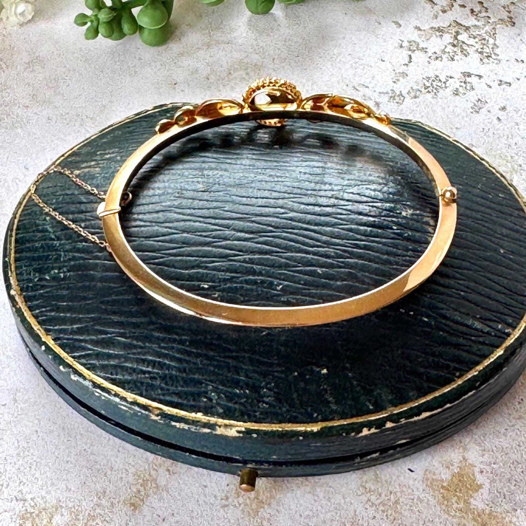 Antique Edwardian 15ct Rose Gold Pearl Celestial Bangle | Crescent Moon & Star Love Token