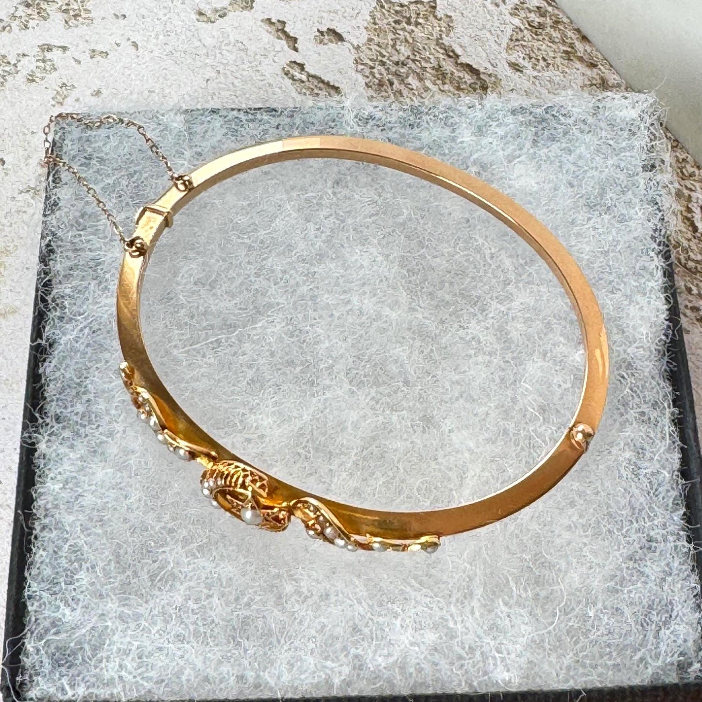 Antique Edwardian 15ct Rose Gold Pearl Celestial Bangle | Crescent Moon & Star Love Token