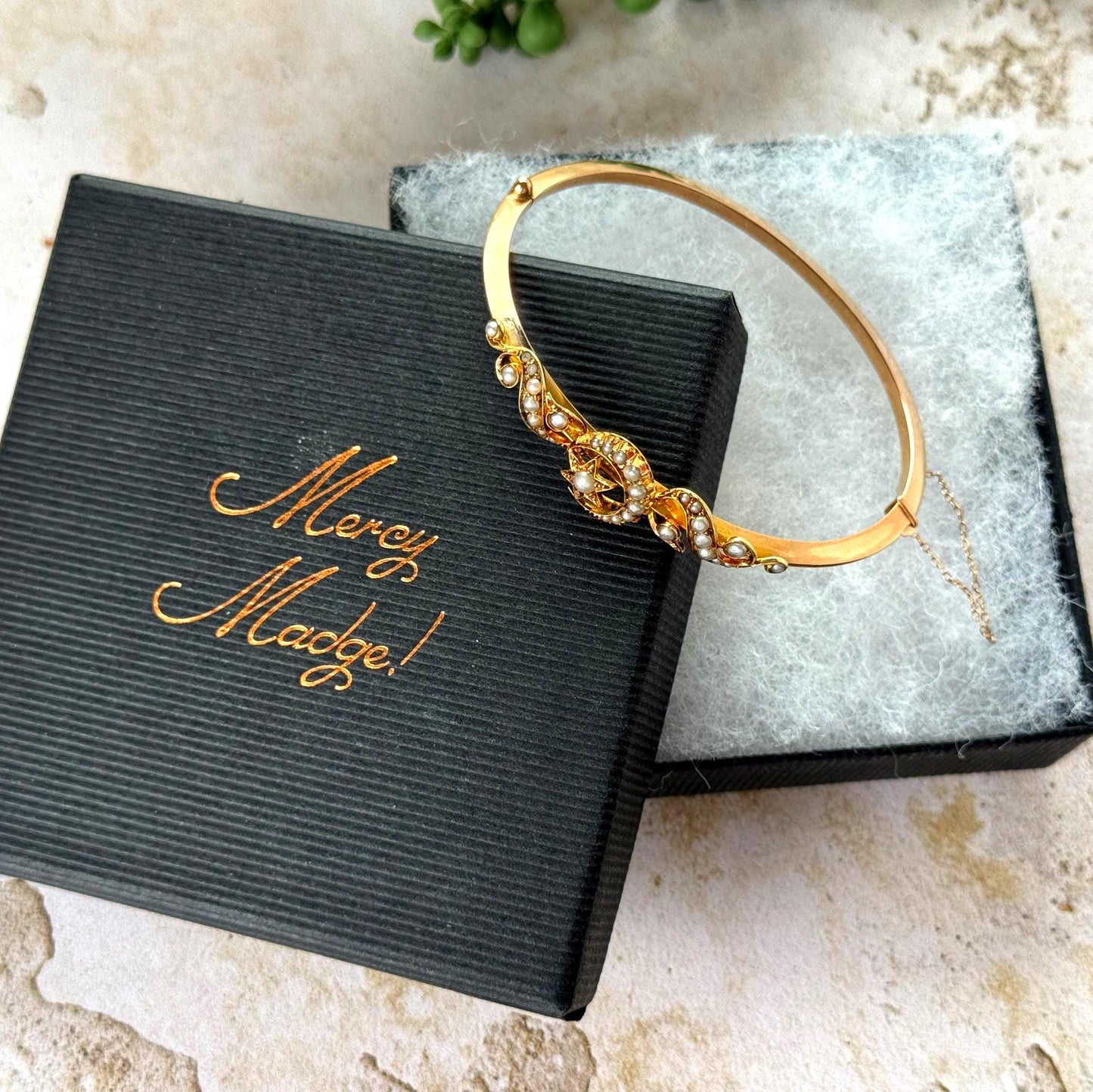 Antique Edwardian 15ct Rose Gold Pearl Celestial Bangle | Crescent Moon & Star Love Token