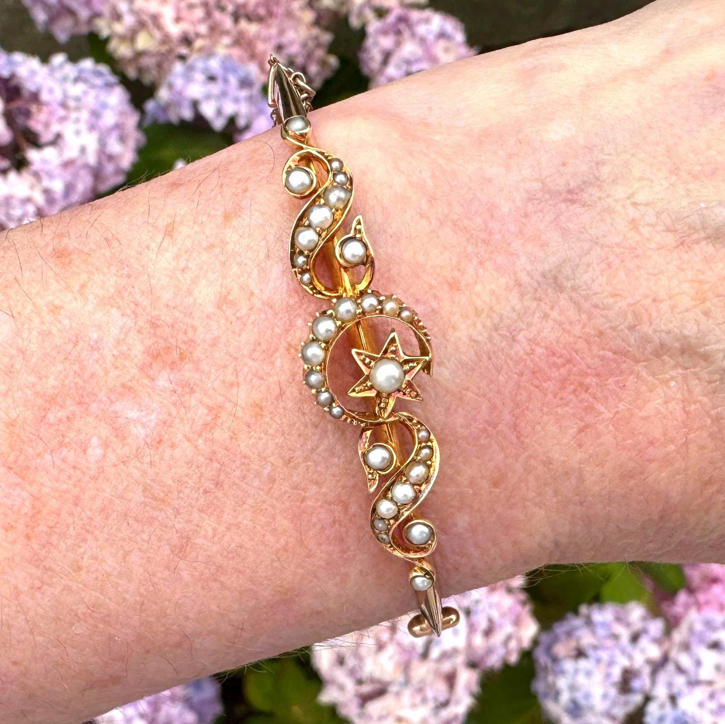 Antique Edwardian 15ct Rose Gold Pearl Celestial Bangle | Crescent Moon & Star Love Token