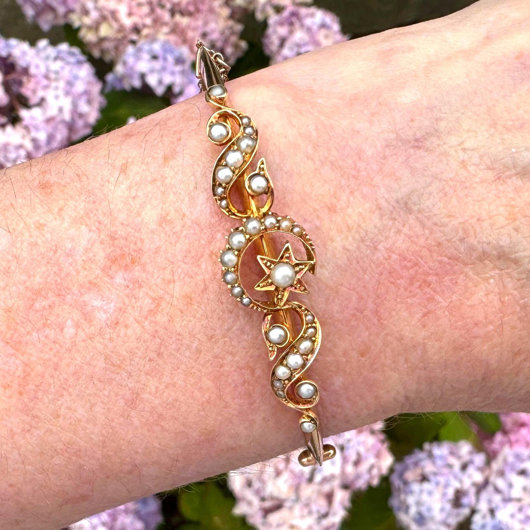 Antique Edwardian 15ct Rose Gold Pearl Celestial Bangle | Crescent Moon & Star Love Token