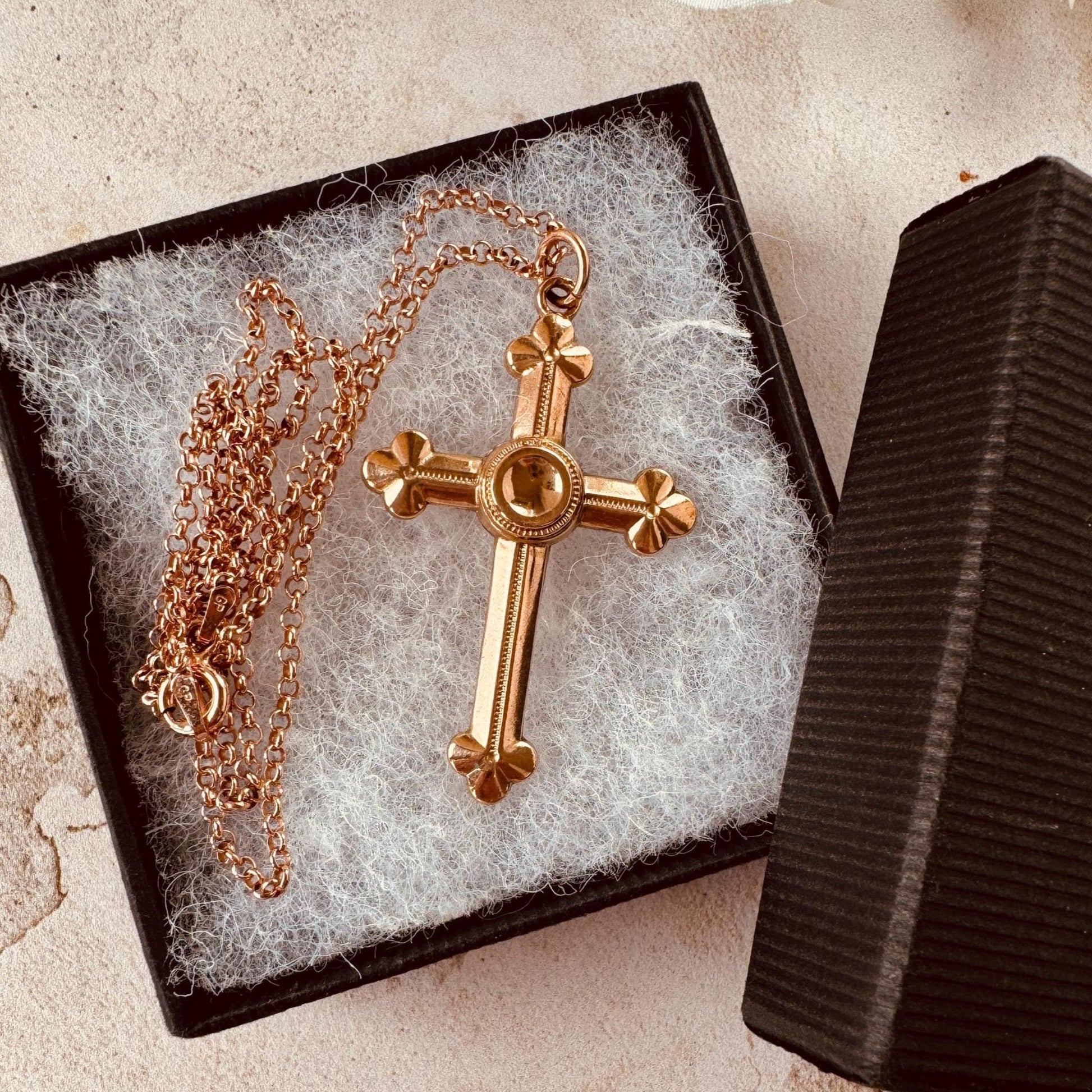 Antique Victorian Gothic Revival Rolled Rose Gold Cross Pendant and Belcher Chain