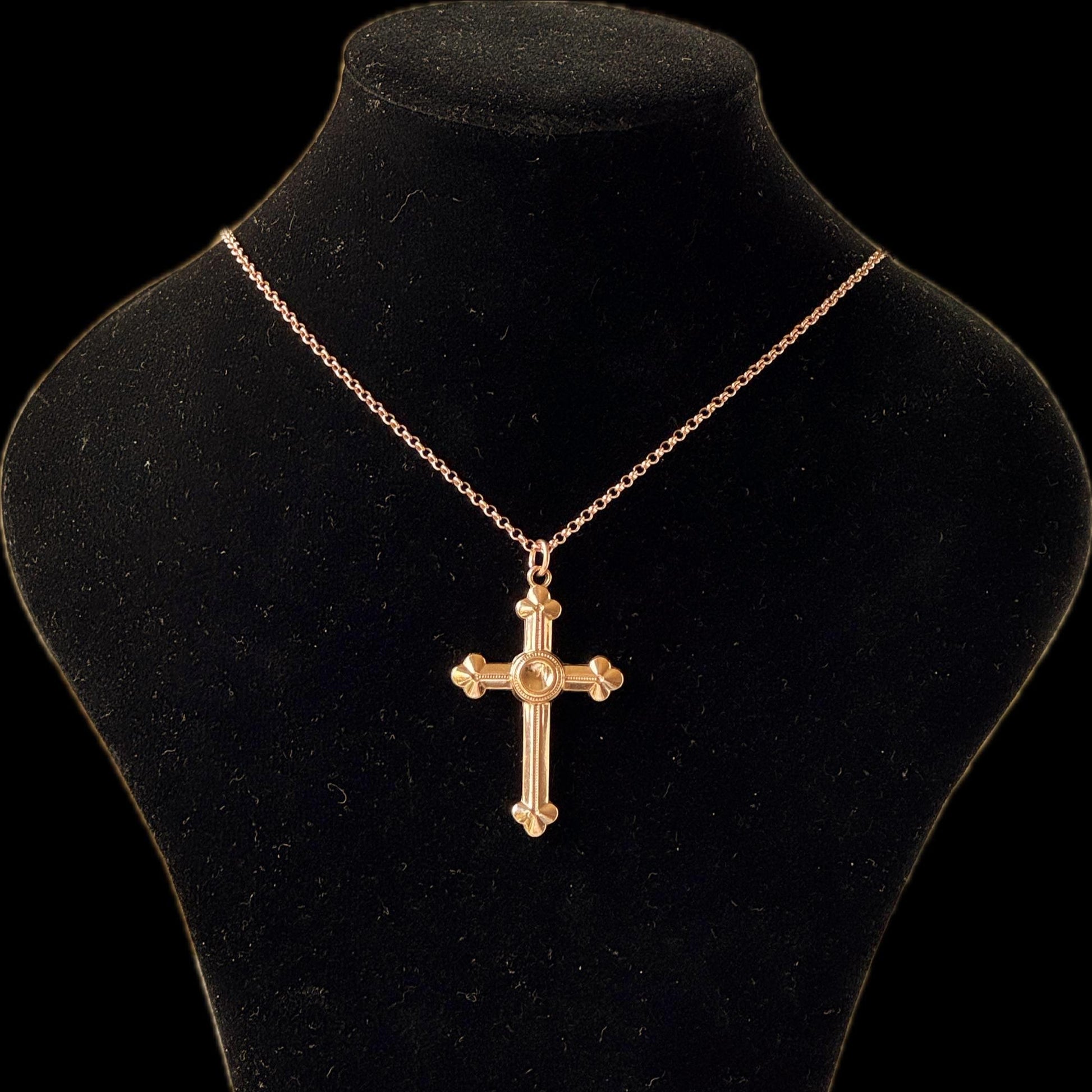 Antique Victorian Gothic Revival Rolled Rose Gold Cross Pendant and Belcher Chain