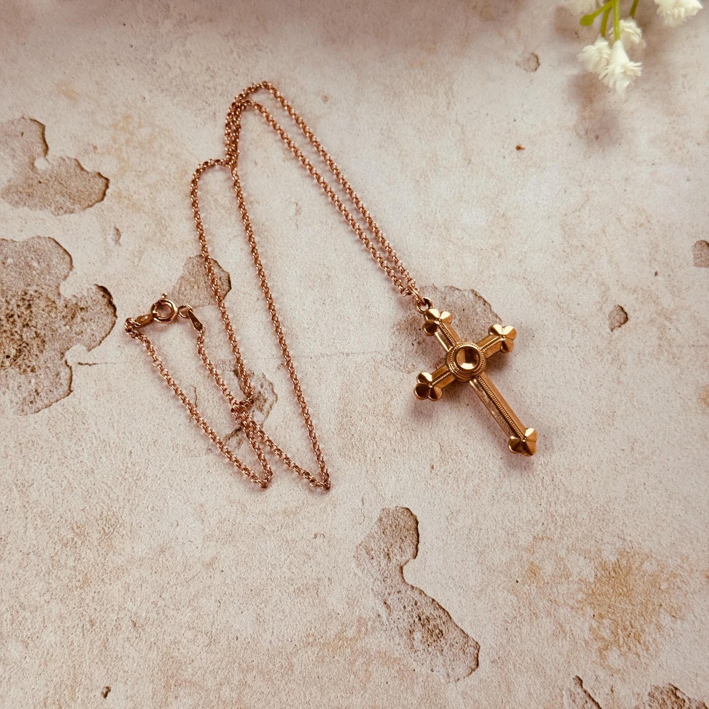 Antique Victorian Gothic Revival Rolled Rose Gold Cross Pendant and Belcher Chain