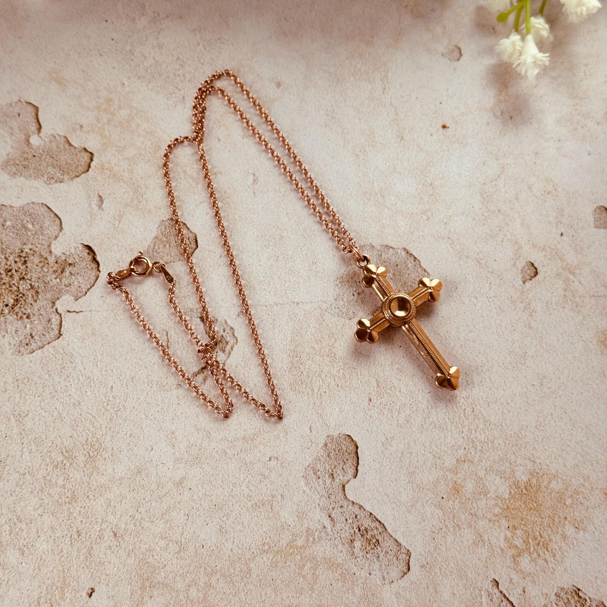 Antique Victorian Gothic Revival Rolled Rose Gold Cross Pendant and Belcher Chain