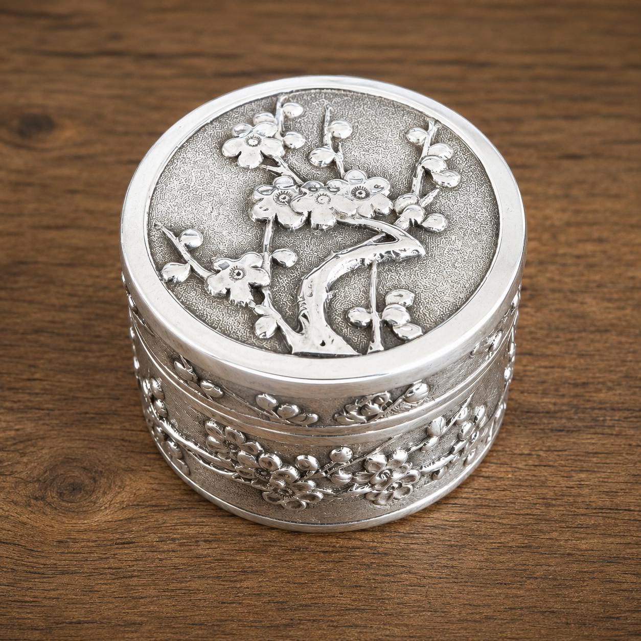 Antique Chinese Export Silver Box, Wang Hing, Qing Dynasty, Plum Blossom, Circa 1900