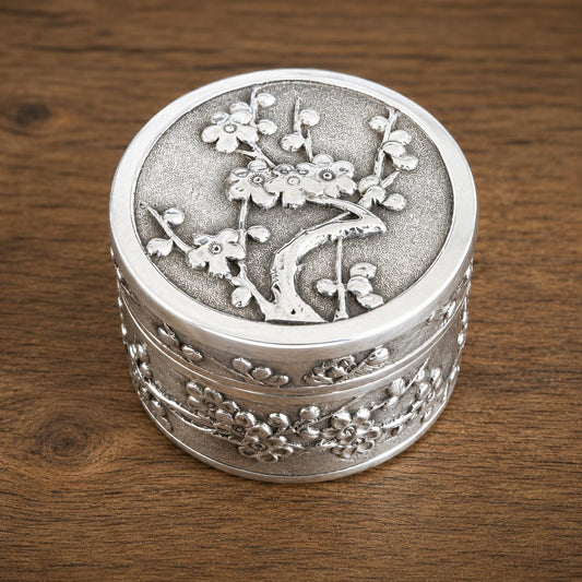 Antique Chinese Export Silver Box, Wang Hing, Qing Dynasty, Plum Blossom, Circa 1900