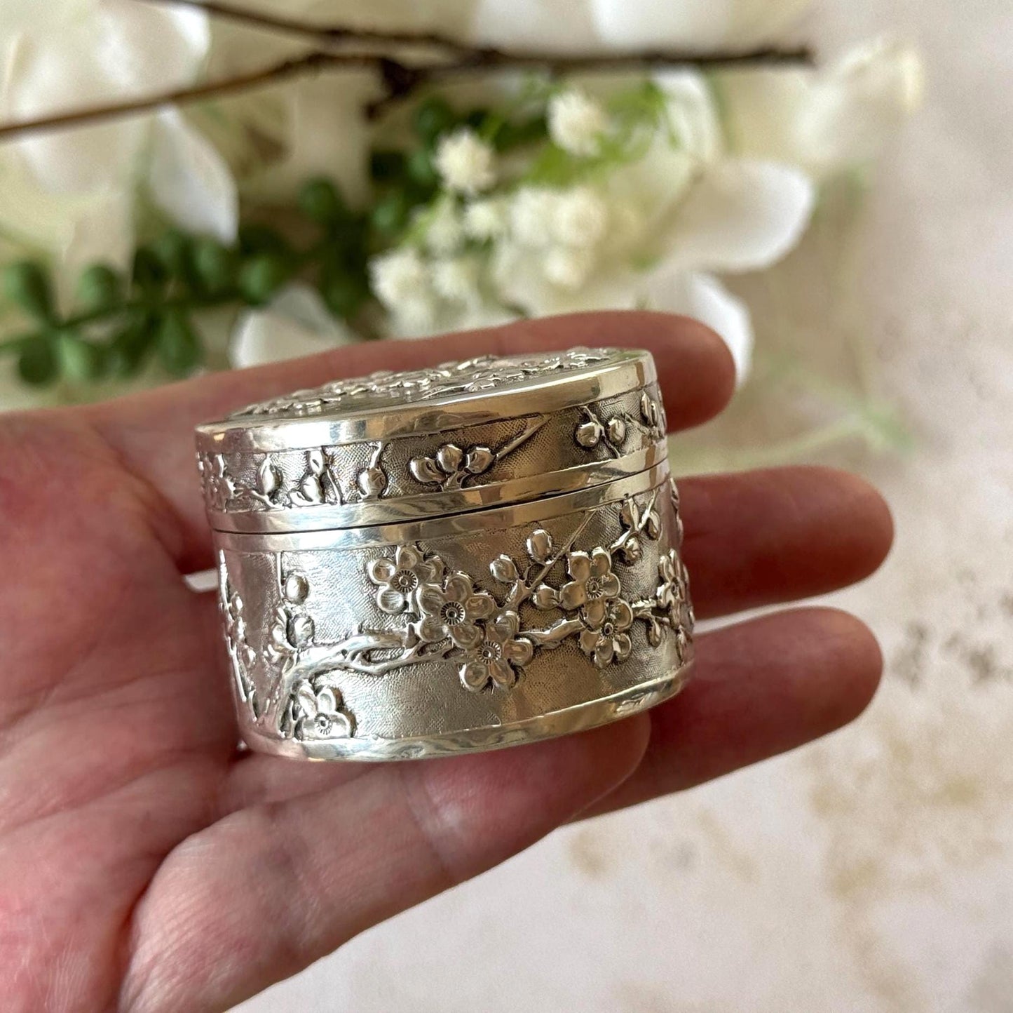 Antique Chinese Export Silver Box, Wang Hing, Qing Dynasty, Plum Blossom, Circa 1900