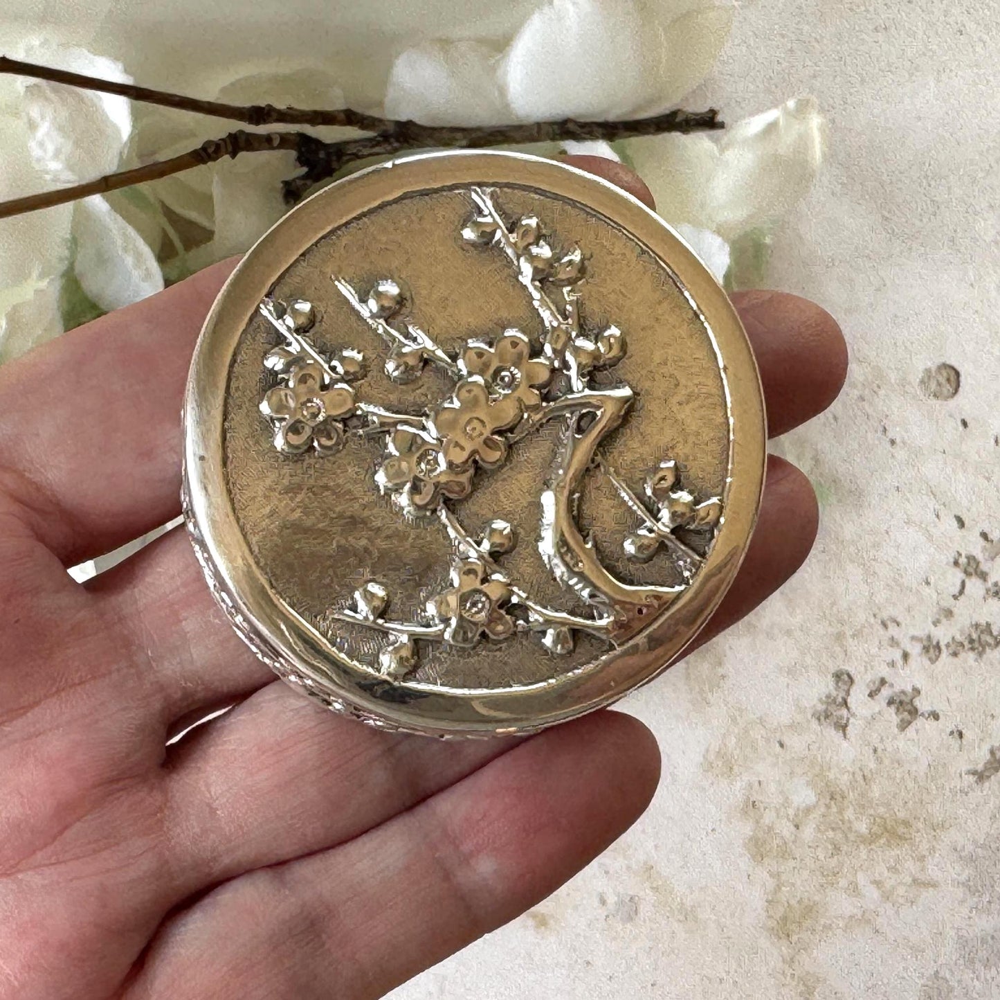 Antique Chinese Export Silver Box, Wang Hing, Qing Dynasty, Plum Blossom, Circa 1900