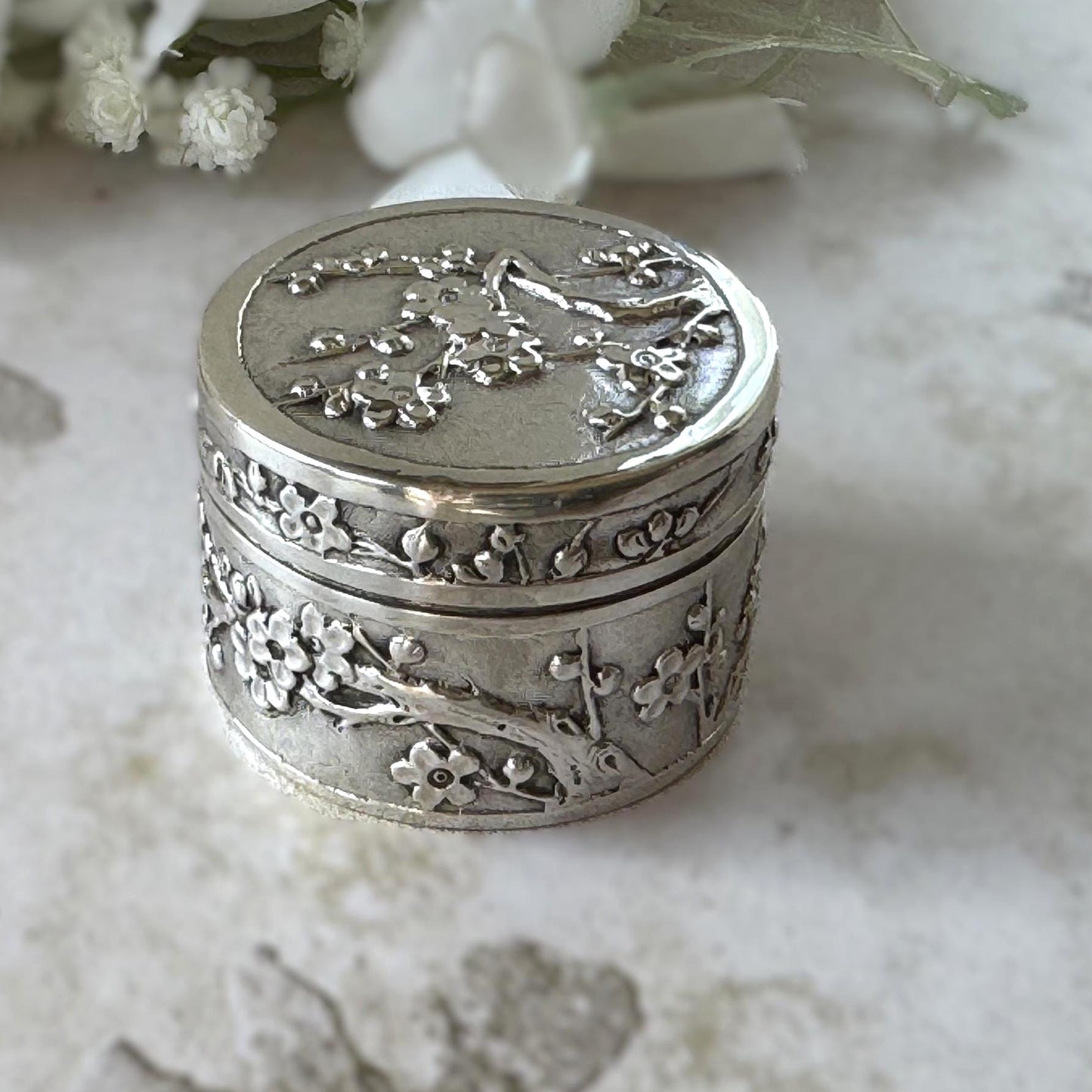 Antique Chinese Export Silver Box, Wang Hing, Qing Dynasty, Plum Blossom, Circa 1900