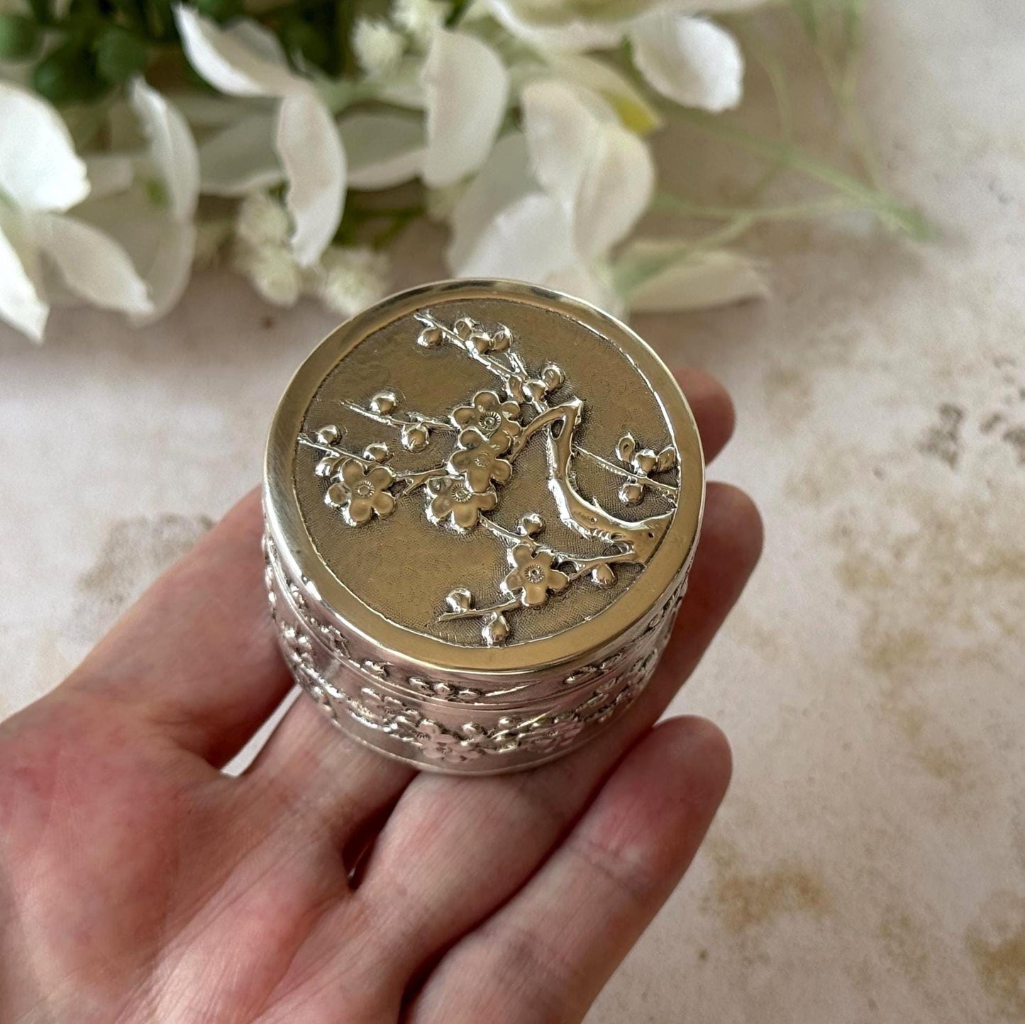Antique Chinese Export Silver Box, Wang Hing, Qing Dynasty, Plum Blossom, Circa 1900