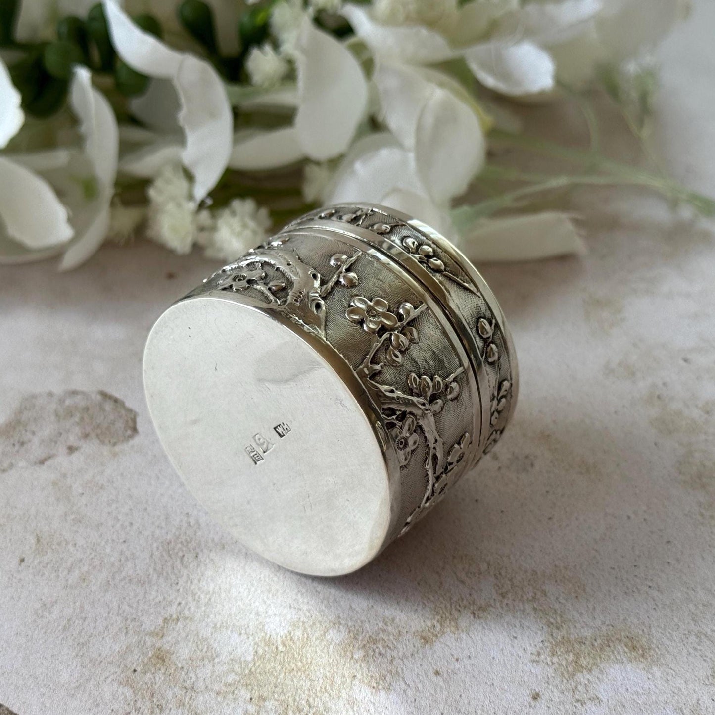 Antique Chinese Export Silver Box, Wang Hing, Qing Dynasty, Plum Blossom, Circa 1900