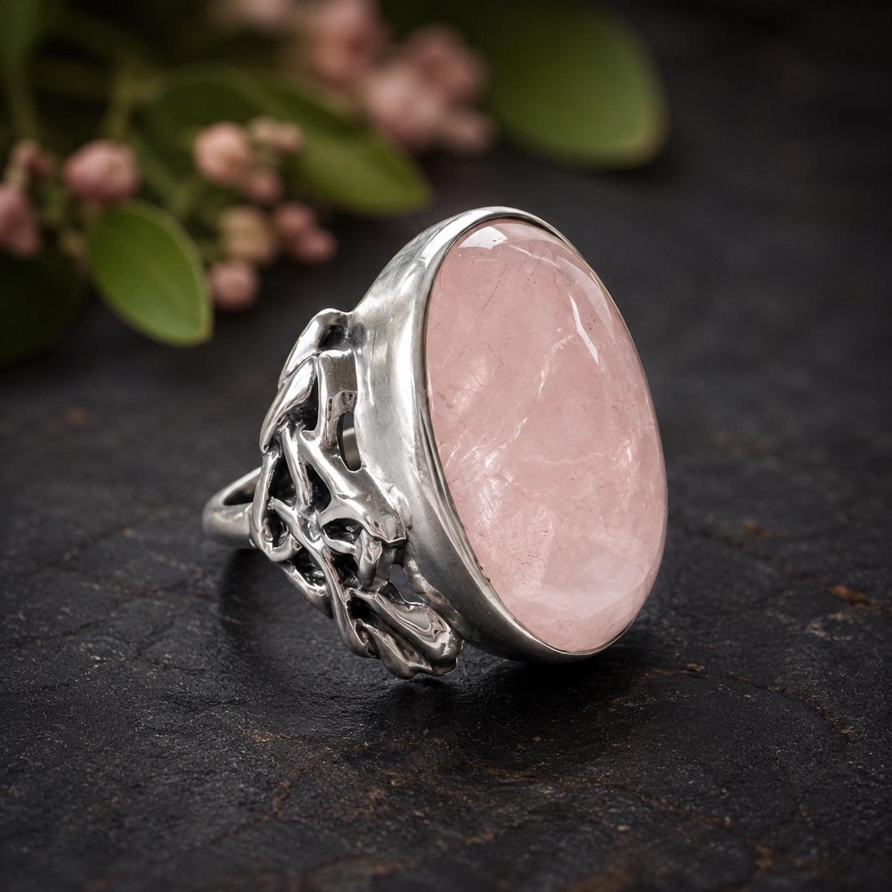 Antique Arts Crafts Rose Quartz Ring: Edwardian Sterling Silver Cabochon Statement Ring