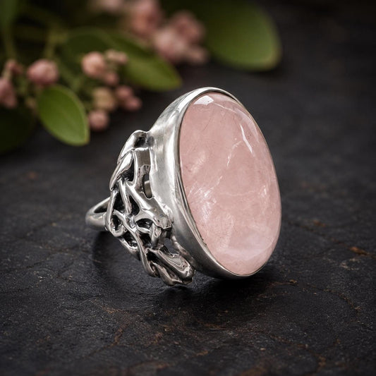 Antique Arts Crafts Rose Quartz Ring: Edwardian Sterling Silver Cabochon Statement Ring