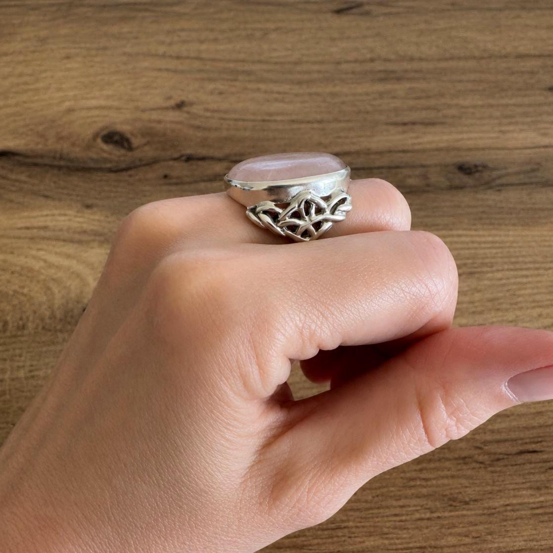 Antique Arts Crafts Rose Quartz Ring: Edwardian Sterling Silver Cabochon Statement Ring